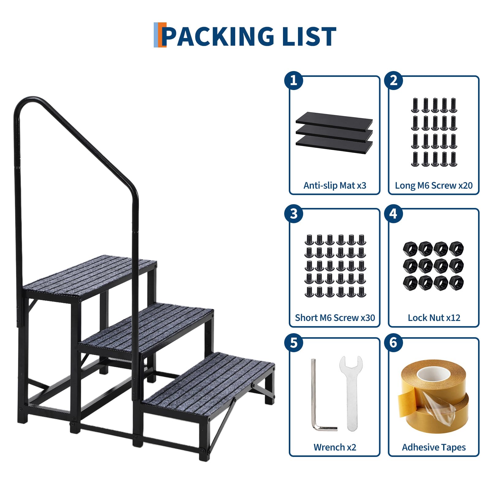 Marchepied supplémentaireérieur Camping-Car– capacité 300 kg, Surface antidérapante, Main Courante – idéal Caravane, Spa, Piscine, Animaux – Noir (3 marches)