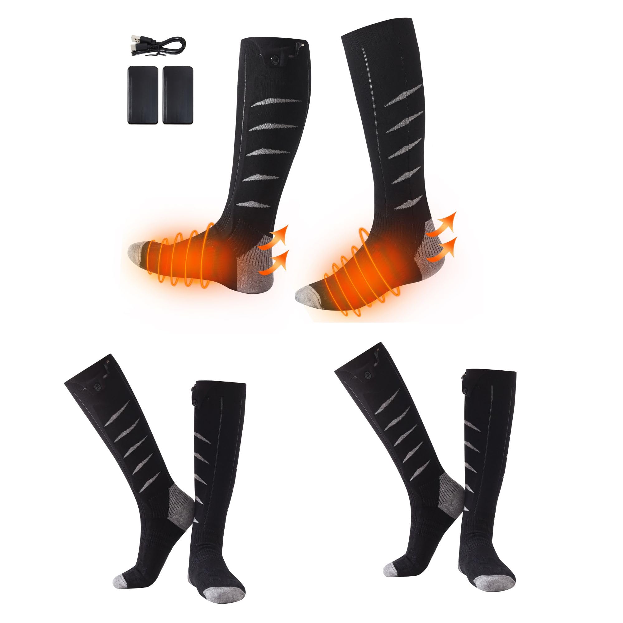 Heated Socks for Men & Women, 5V/4000mAh Rechargeable Electric Foot Warmers with 3 Heat Settings – Ideal for Skiing, Hiking, Camping, Hunting, Indoor & Outdoor Sports (black with grey, One Size)