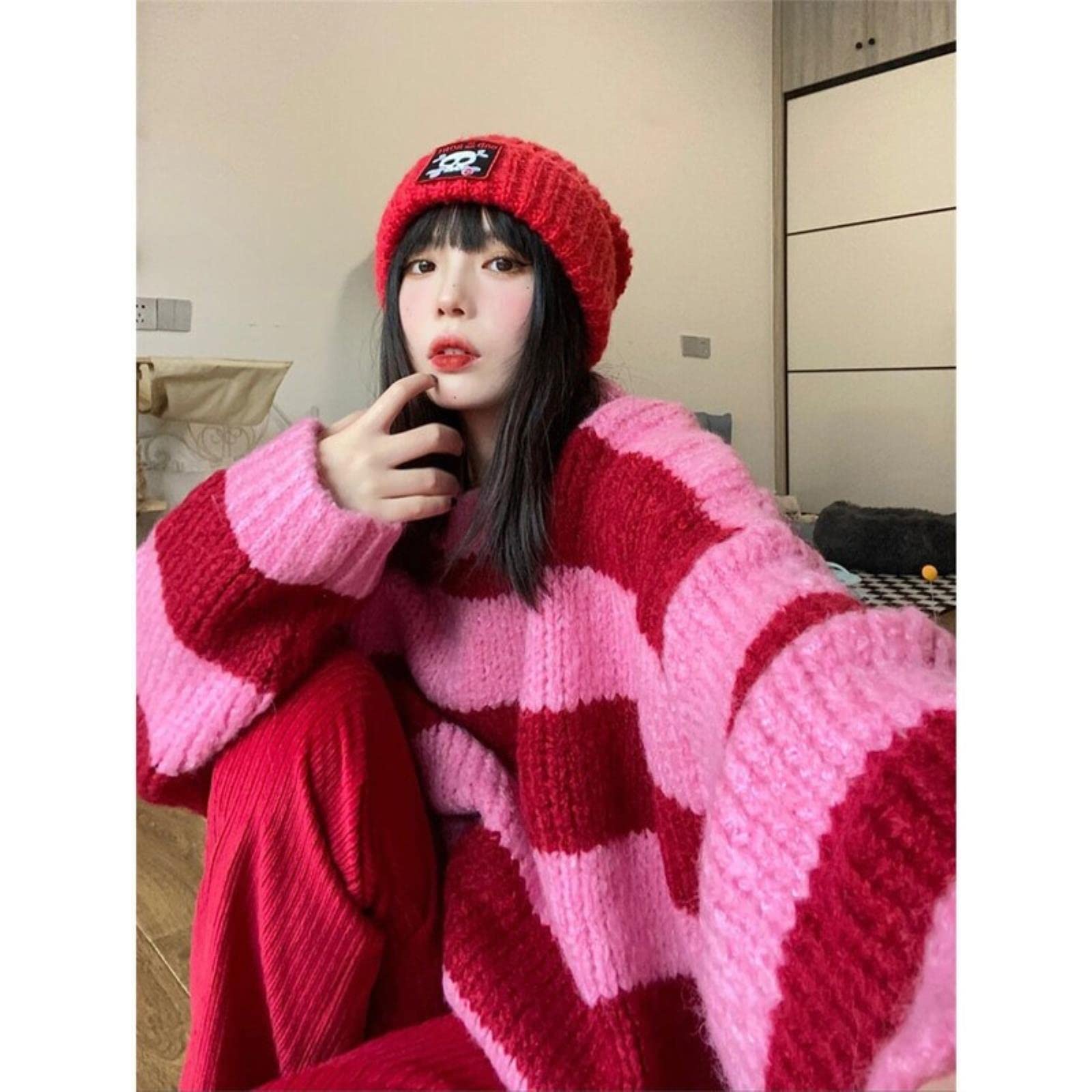CHOUX Korean Style Striped Oversize Pink Sweater Women Punk