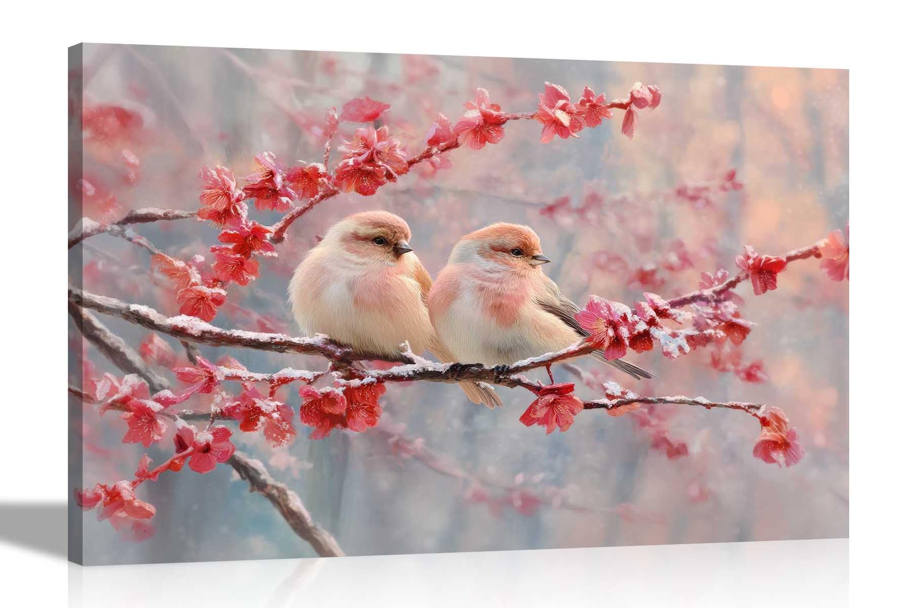 Artley Prints Red Blossom Snowy Birds - Winter Snow Young Birds On A Branch Canvas Prints Pictures For Living Room Conservatory Hallway Home Office 51 X 35Cm (20 X 14 Inches)