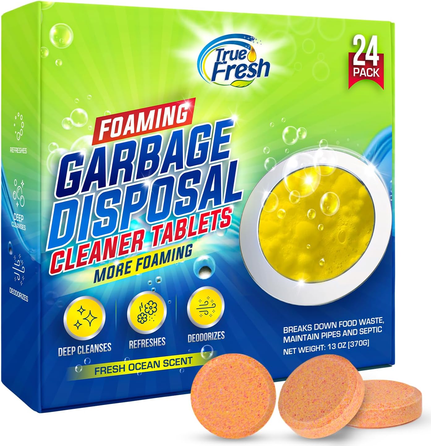 Garbage Disposal Cleaner Tablets, Large 15g Drop-In Fresh Ocean Tablets, Deep Foaming Sink & Drain Cleaner for Buildup, Grease & Residue, Disposal Cleaner and Deodorizer, 24 Pack XL Value!