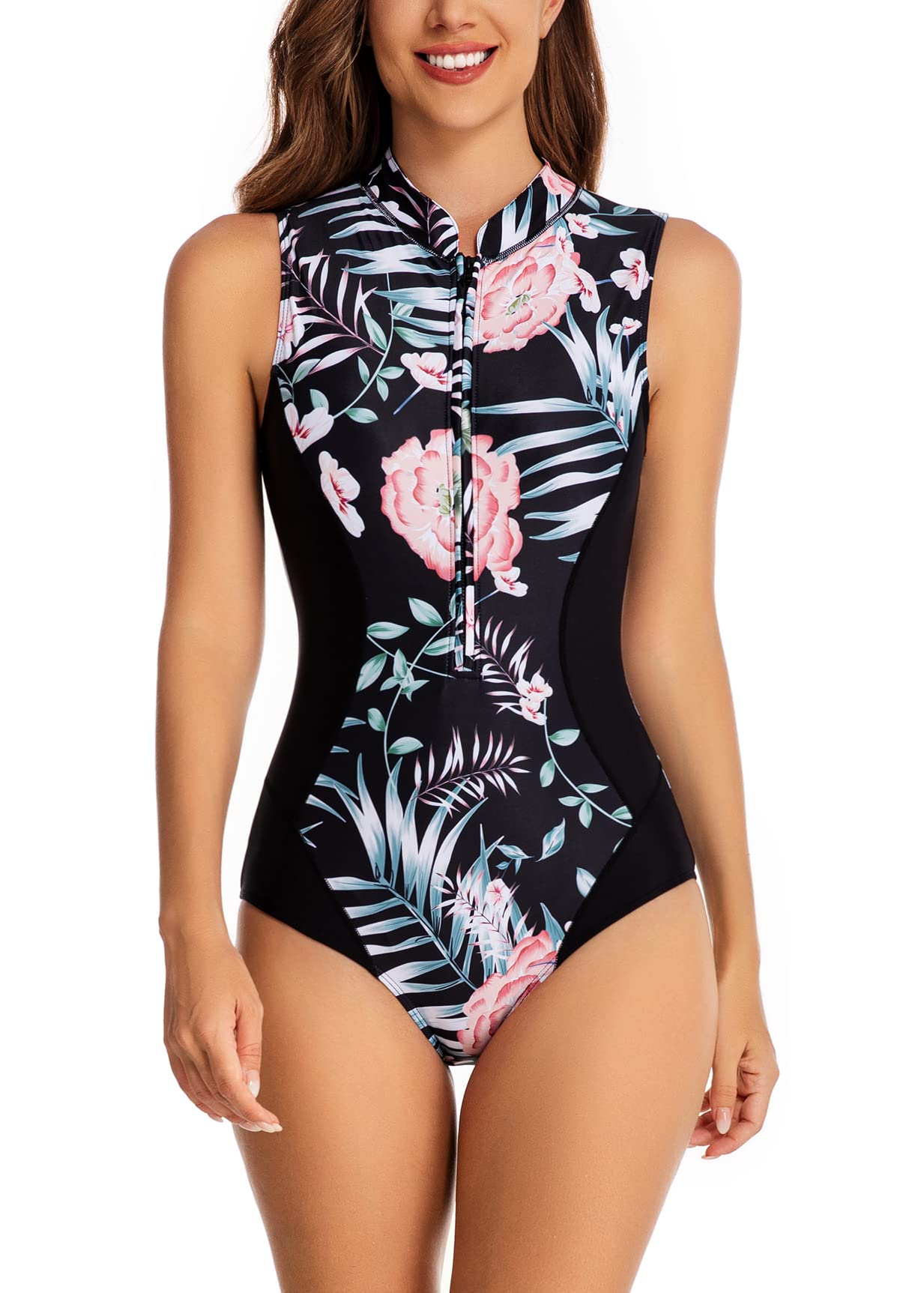 YATEEN Womens Rash Guard Zip Front Sleeveless One Piece Swimsuit, #8 Black / Pink, Small