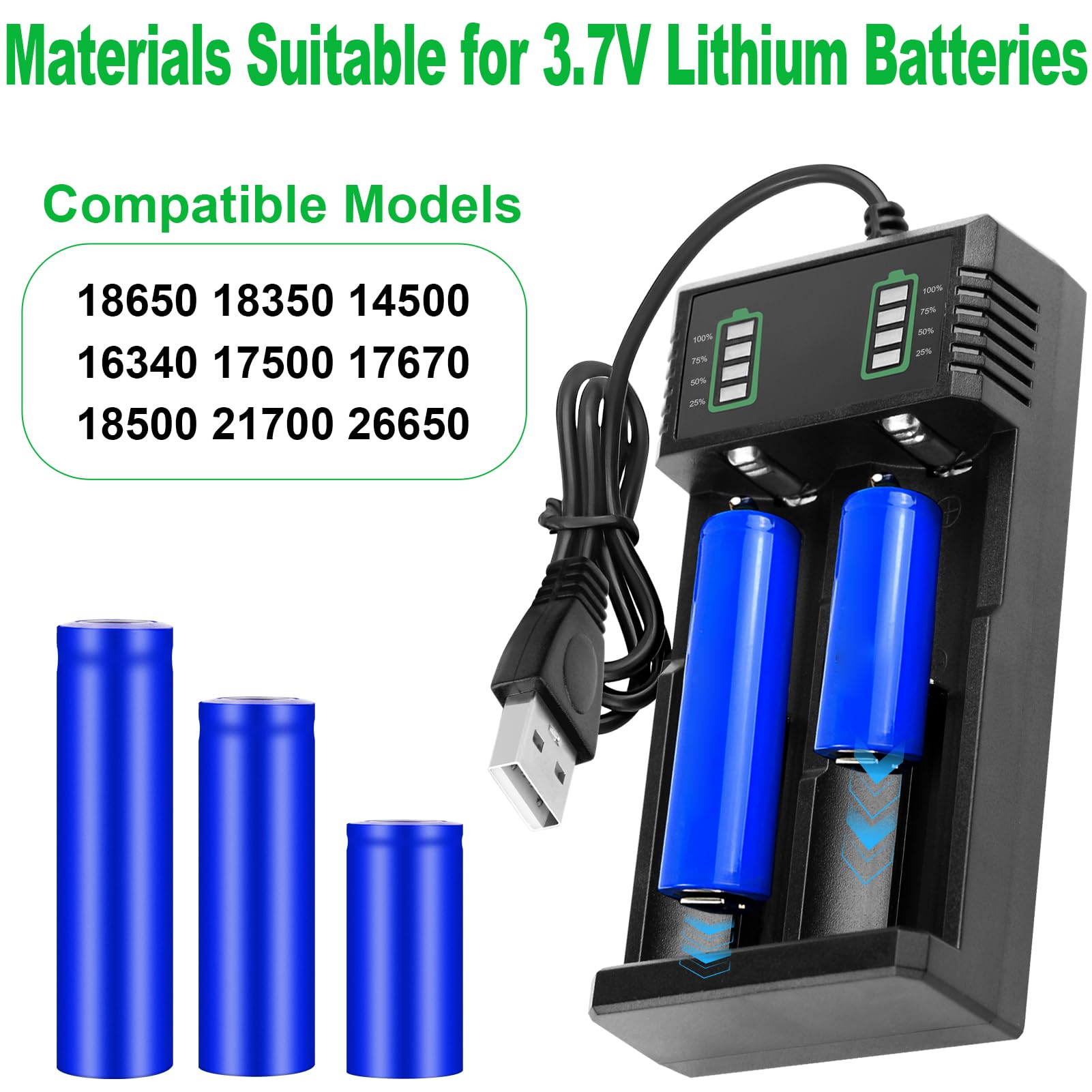 Cargador 18650 Universal Carga de Batería para 26650 18350 14500 16340 17500 17670 18500 21700 3.7V Li-Ion Pilas 2 Ranuras Inteligente Rápido Cargador Recargables con Cable USB — view 2