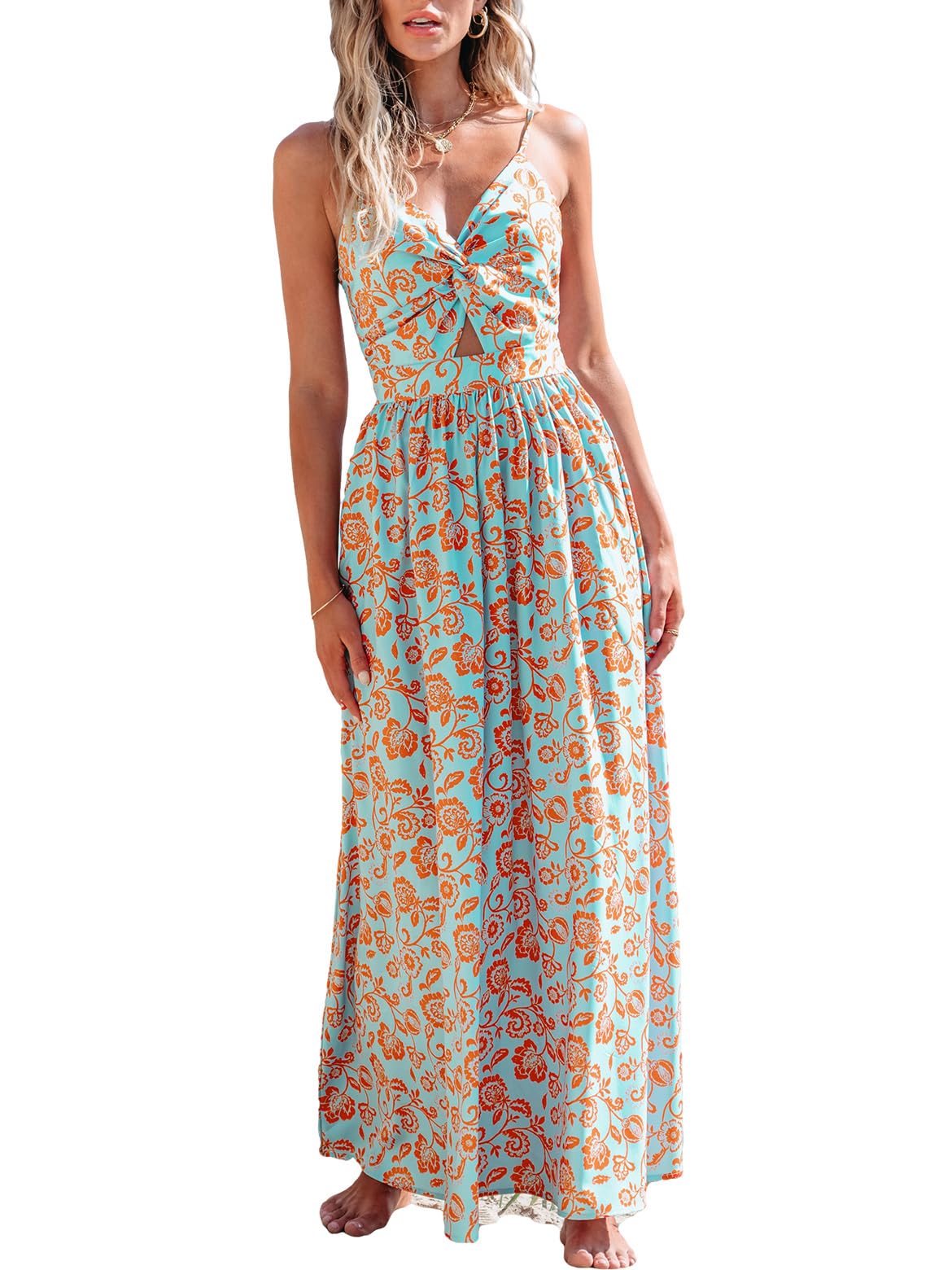 CUPSHE Women's Summer Dress, V-Neck, Twist Front, Boho Strappy Casual Camisole Dress, for Beach, Party, lightblue
