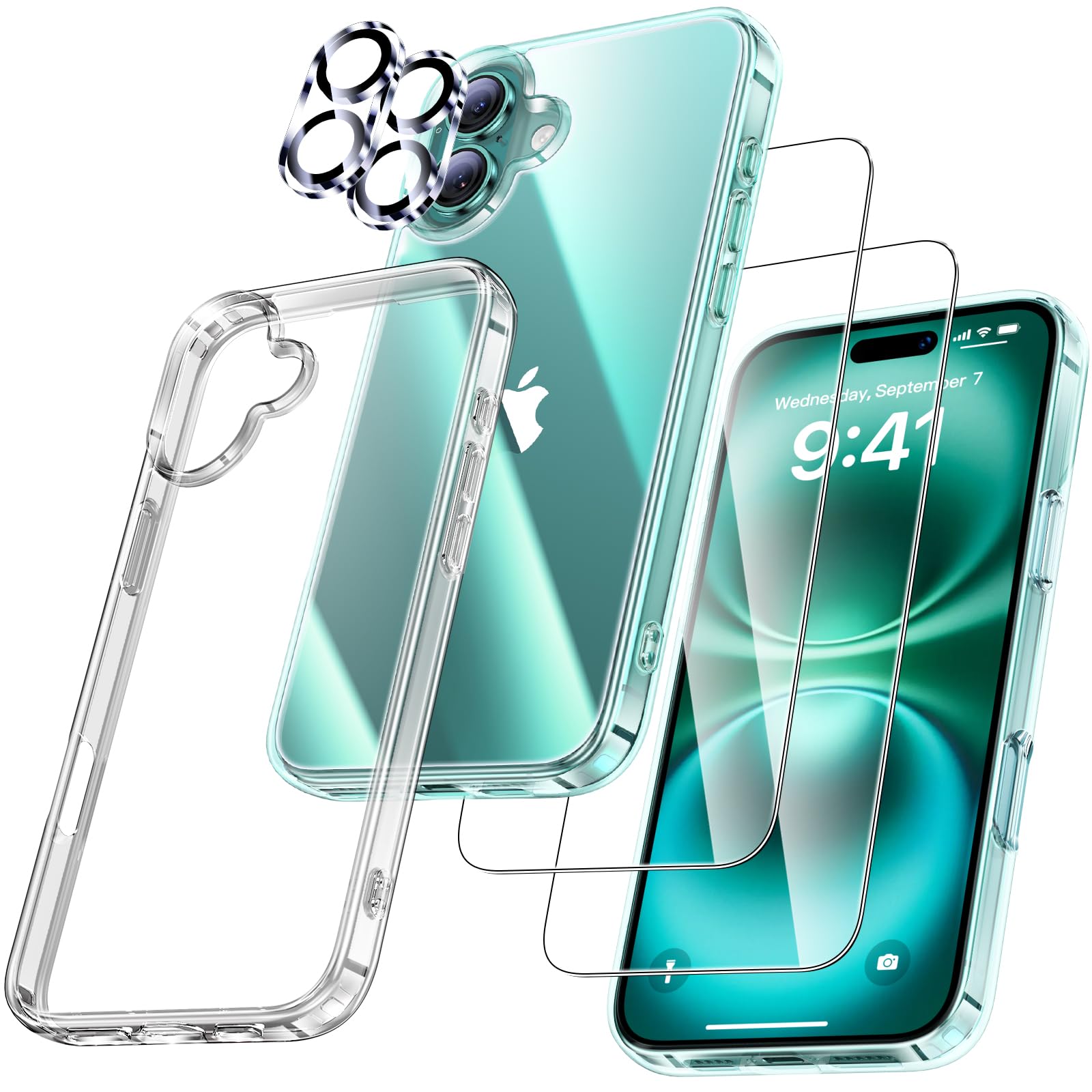 UniqueMe für iPhone 16 Hülle - Handyhülle für iPhone 16 Case, 5 in 1 Set Rundumschutz Schutzhülle Cover,1 Handyhülle & 2 Schutzfolie & 2 Kameraschutz - Transparent