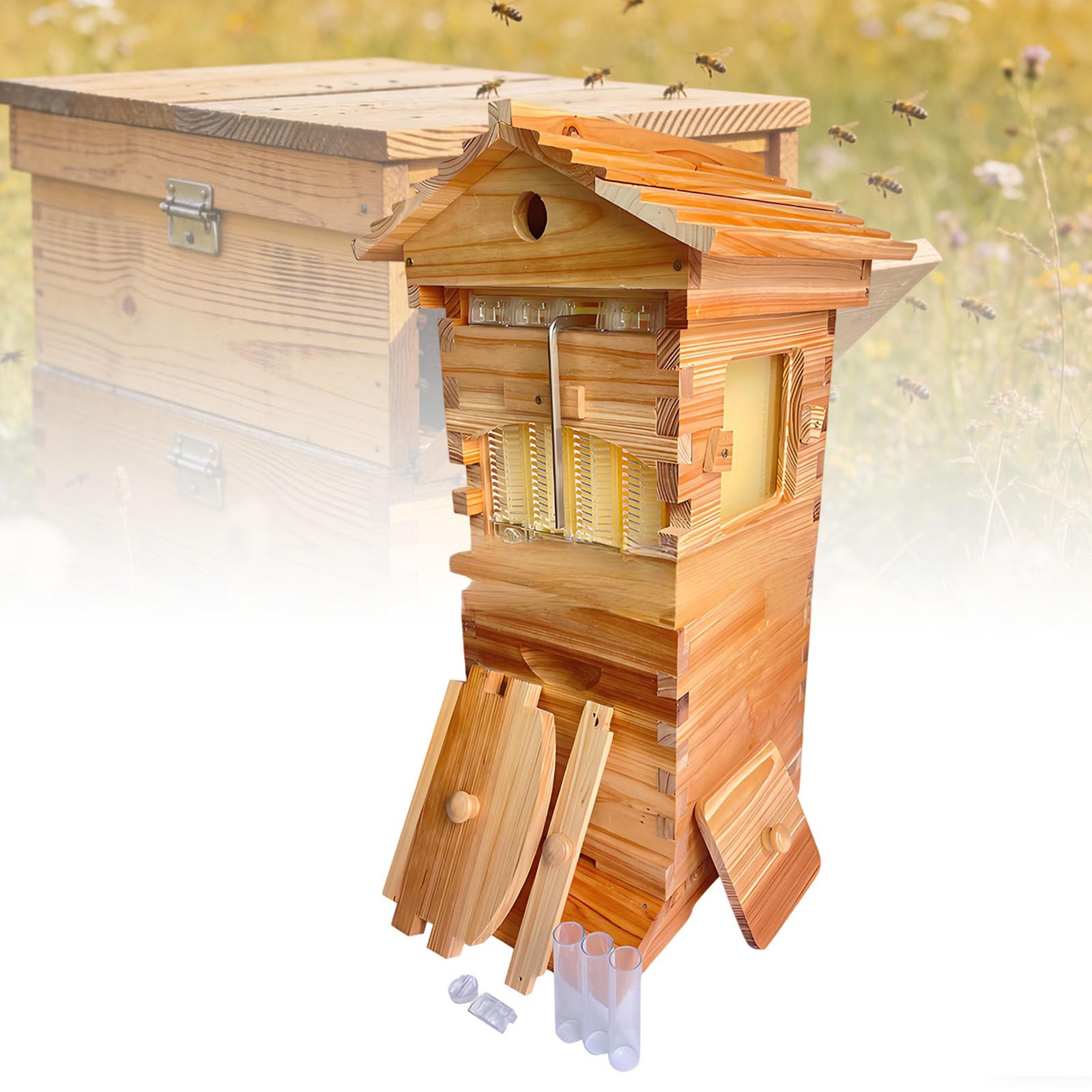 Ymnogjie Beehive Starter Kit with Flow Technology,Self Flowing Wooden Bee Box,Includes Observation Window,Honey Spout,4 Frames,6 Honeycomb Trays,Carpenter Bee House for Garden Pollinators