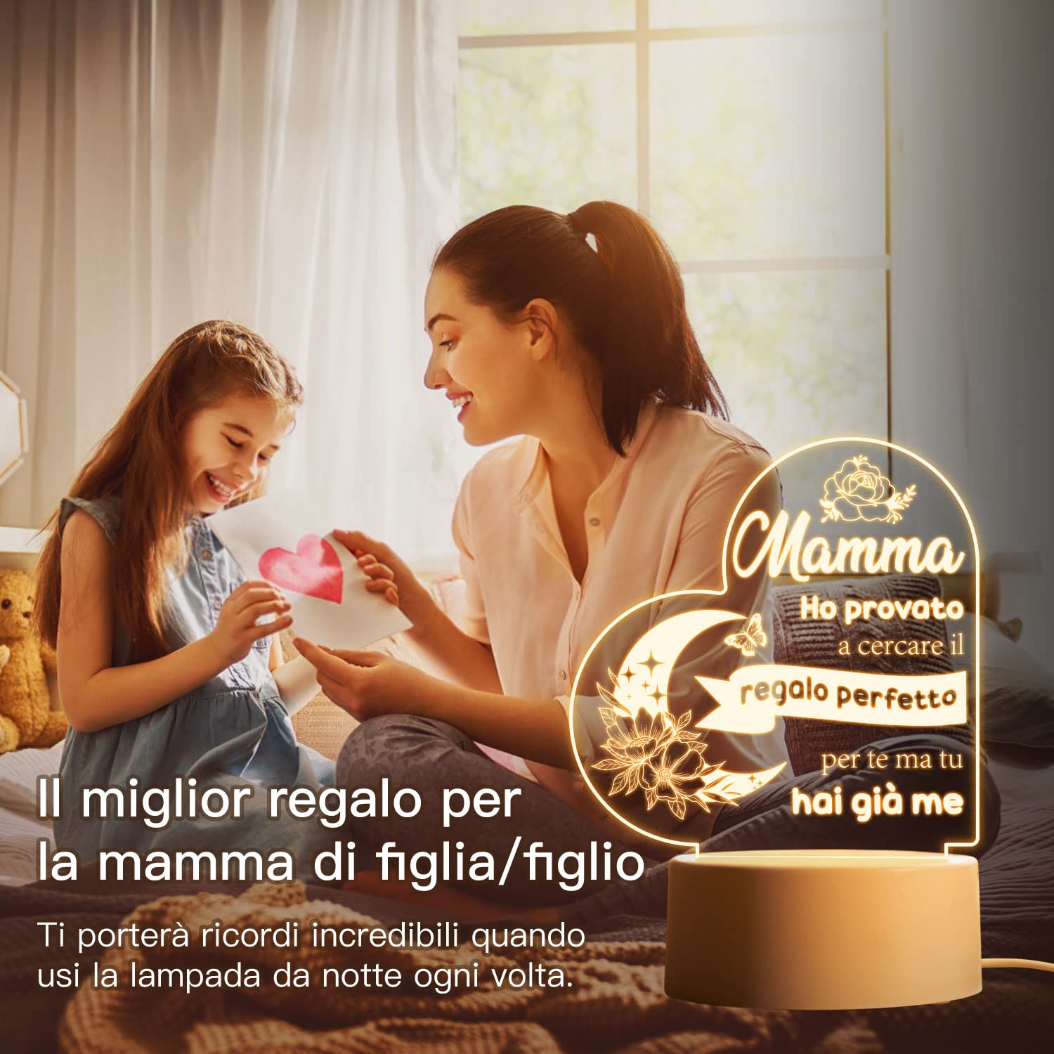 Veeki Regali per la festa della mamma, regali di compleanno della mamma 3d  luci notturne incise 3,9 pollici acrilico usb power giallo luce notturna,  migliore idea regalo per mamma bi