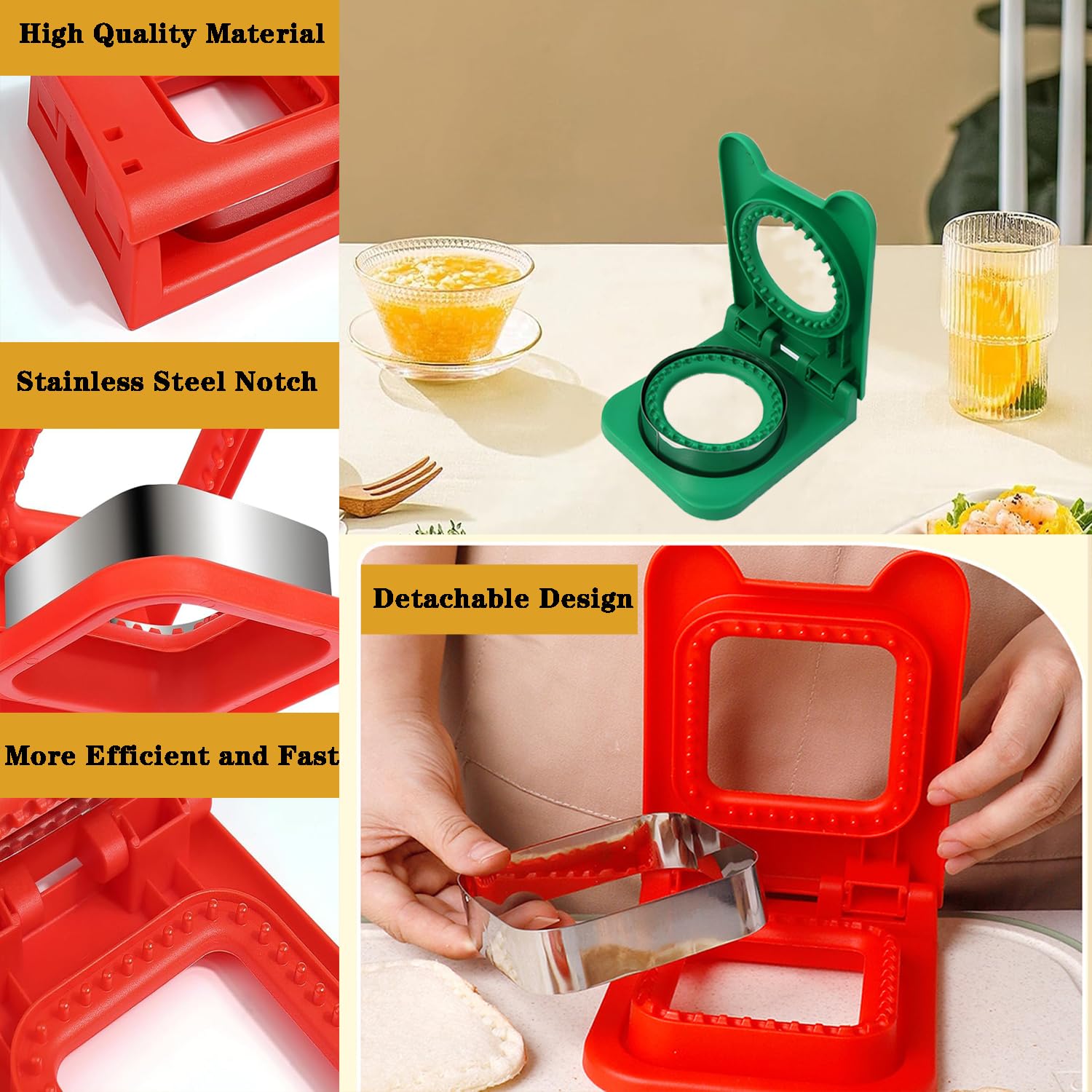 Square Sandwich Cutter and Sealer for Kids Lunch - Leak-Proof Design & Dishwasher Safe, Stainless Steel Blades for Bento Box, Party Snacks (Red) 3