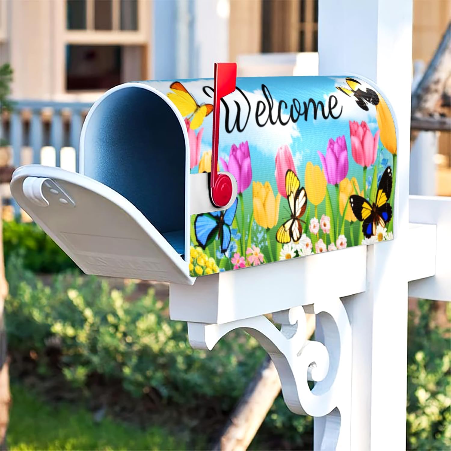 Summer Spring Flowers Mailbox Cover Magnetic Welcome Tulip Butterflies Mailbox Wraps Post Letter Box Cover for Garden Yard Home Decor Standard Size 21" x 18"