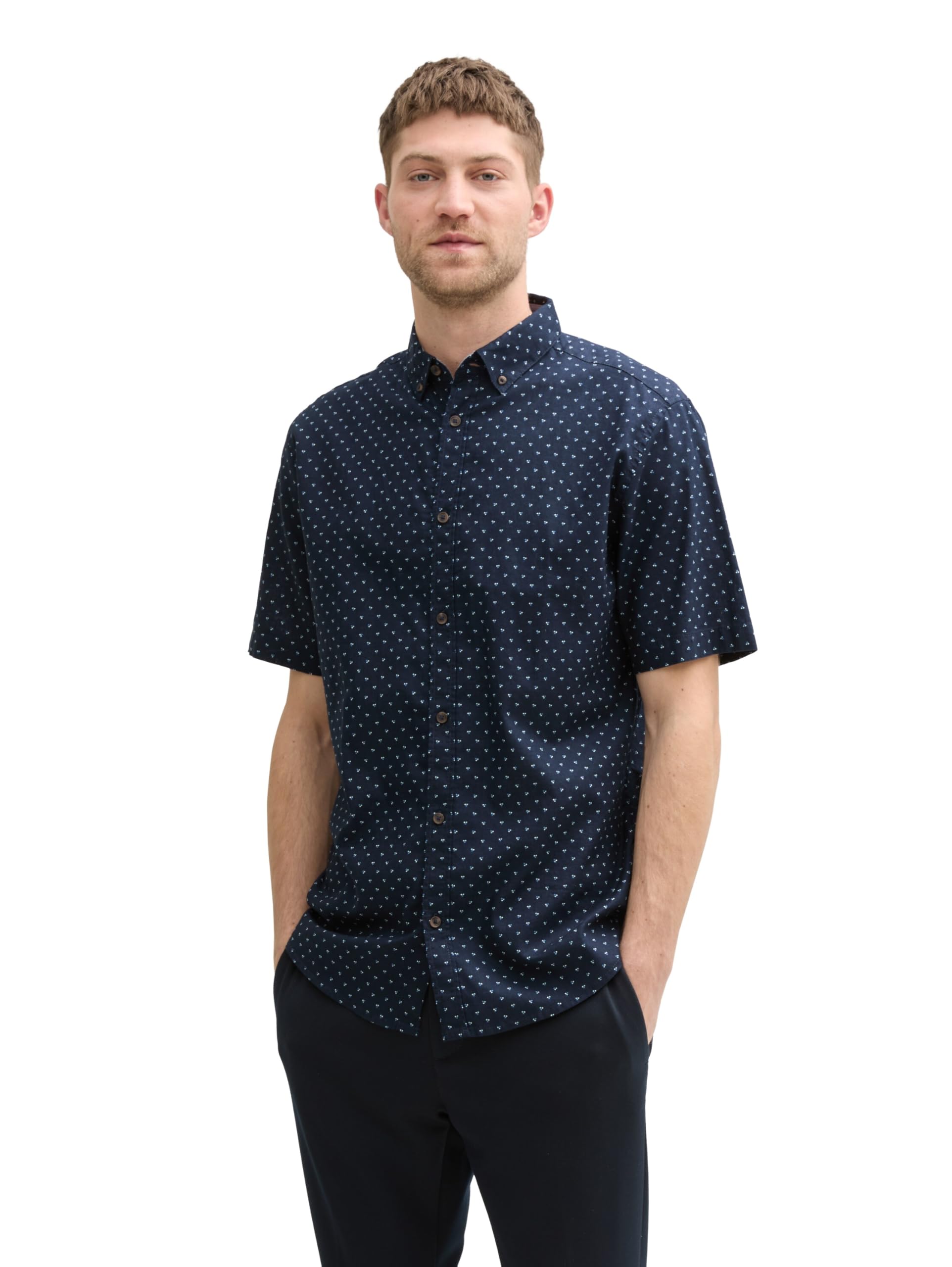 Tom Tailor Herren Regular Fit Kurzarmhemd mit Leinenanteil im Pünktchen-Muster