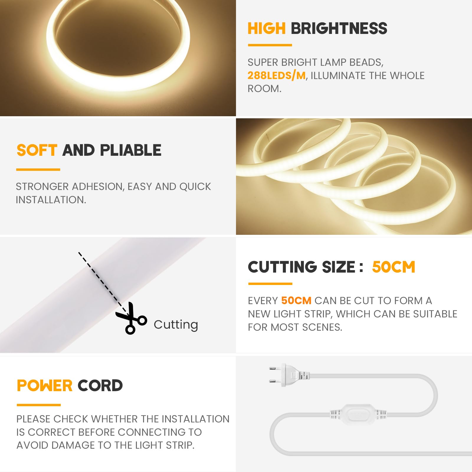 Tira LED Neón COB 220V [30M, Blanco Natural 4000-4500K],IP65 Impermeable Flexible,288 LEDs/m Tira LED FCOB CRI85+,Cortable cada 50cm,Decoración para Hogares y Tiendas