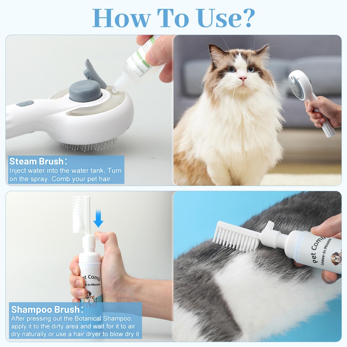 Pet Spray Brush for Dog & Cat, 3-in-1 Spray Grooming Comb - Dog Spray Brush for shedding, Brushes for Indoor Cats Spray for Shedding Hair Clean Hair Removal Comb, 1*Waterless Shampoo