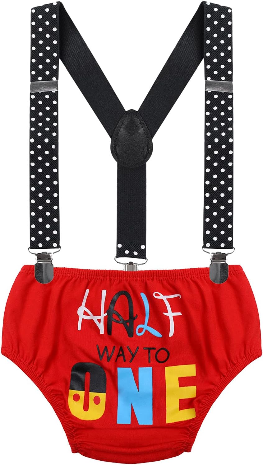 Baby Boy Mouse 1/2 First Birthday Outfit Romper + Suspenders + Pants + Headband Half Way to One Cake Smash Photo Shoot - Image 3