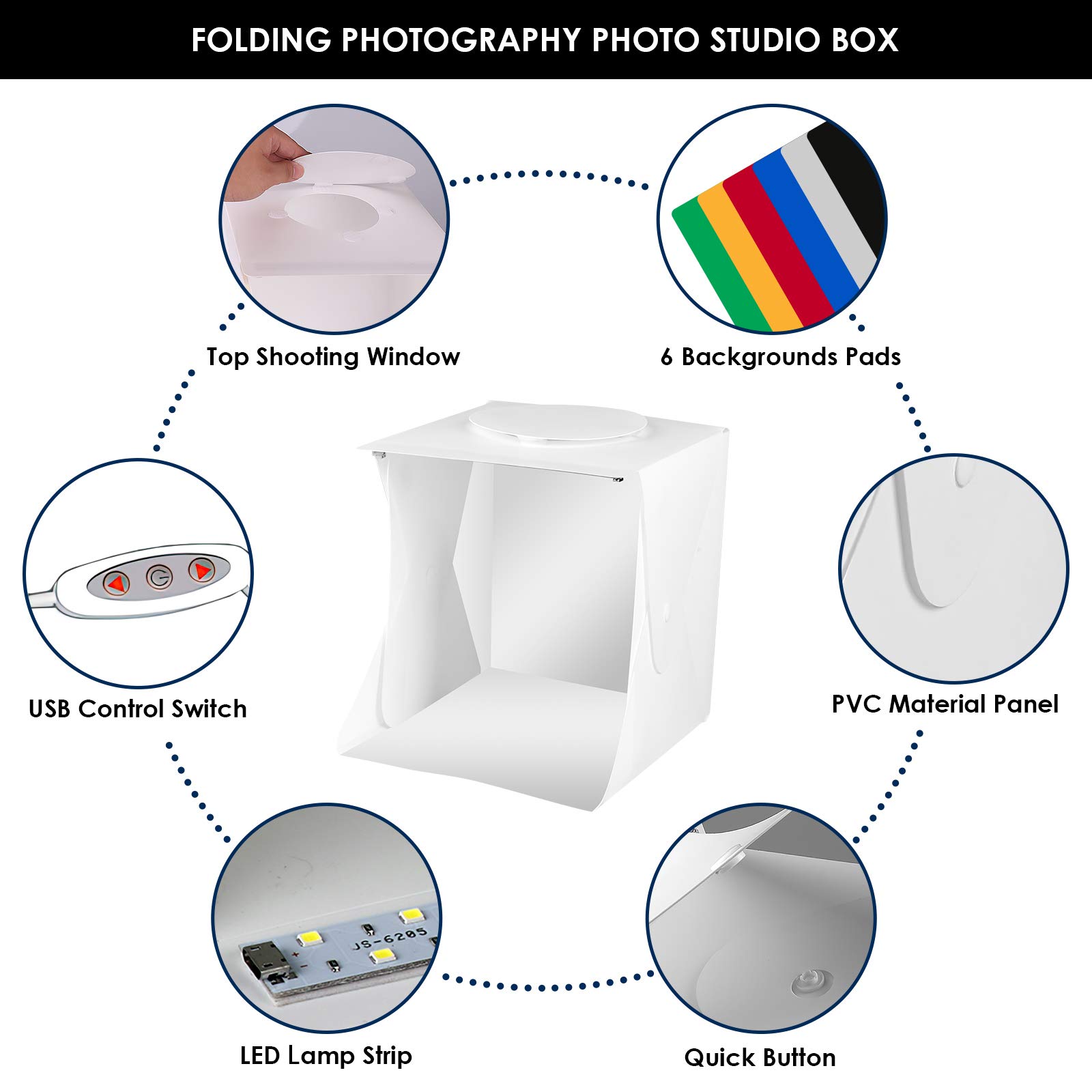 Scatola luminosa portatile, mini scatola luminosa per studio fotografico, kit per studio fotografico, con doppia striscia di luci LED, 6 sfondi