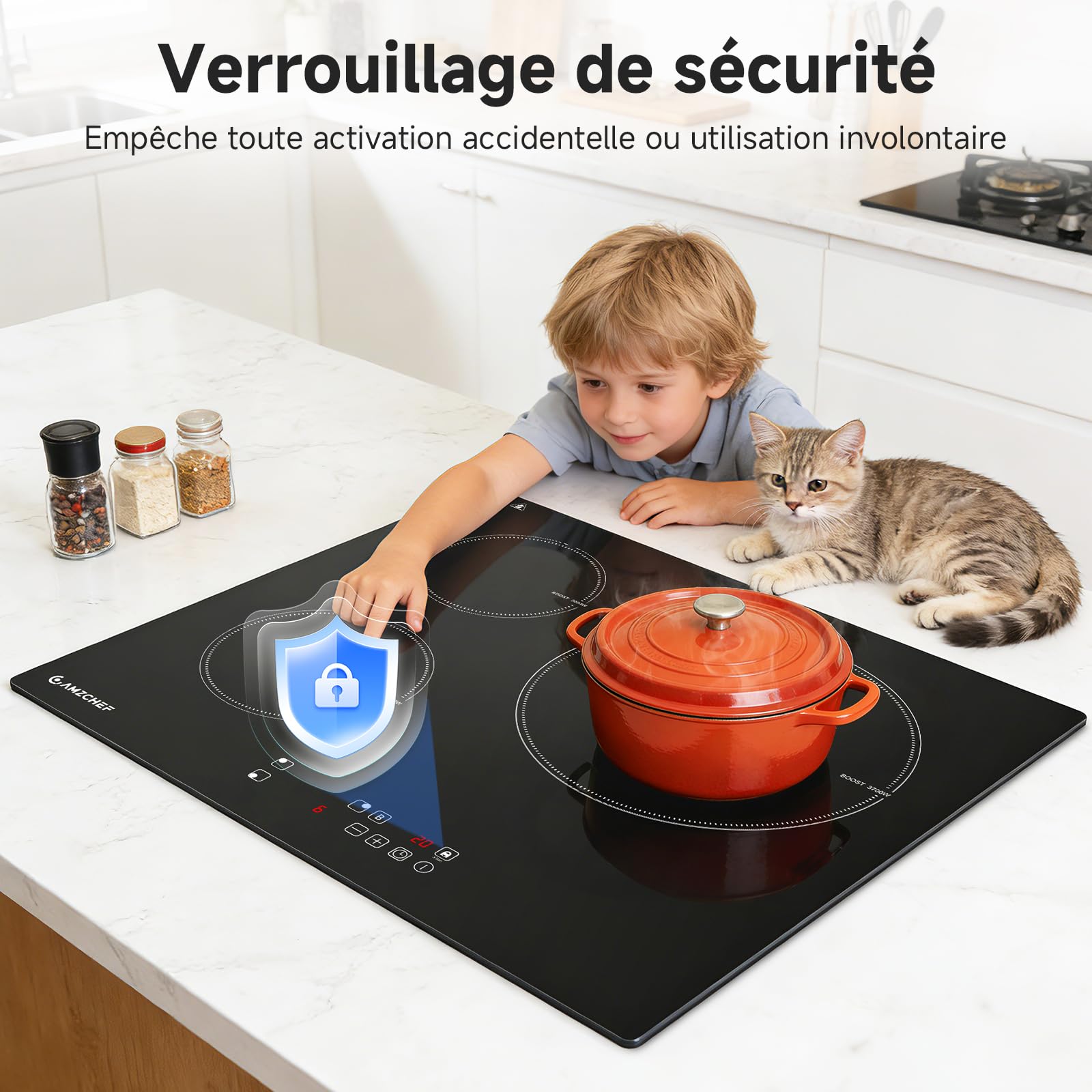AMZCHEF Plaque Induction 3 feux 7400W avec 9 Niveaux de Puissance et Fonction Boost, Sécurité