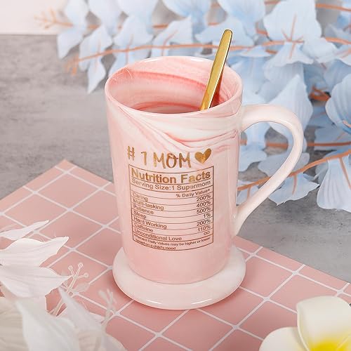 Miniatura 4 de Taza de café para mamá, taza de café de 12 onzas con exquisita caja de cuchara de embalaje, taza de ideas divertidas de mármol de cerámica rosa,