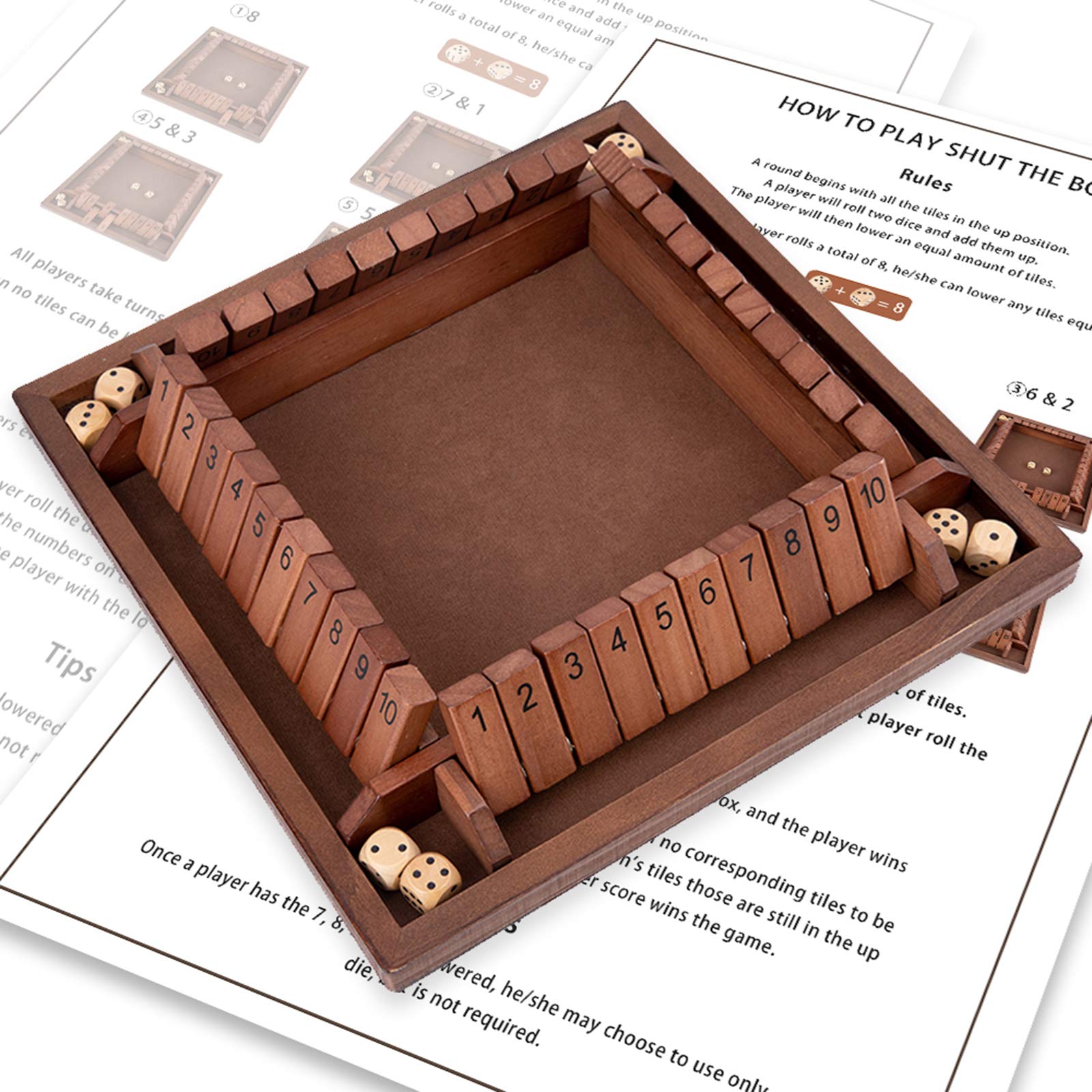 Shut The Box Game Wooden 4 Player, Classic Board Game for Kids & Adults