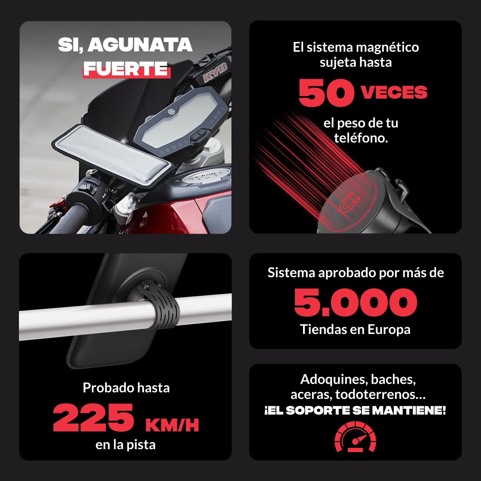 Shapeheart Soporte Móvil Moto Pro con Funda Magnética y Booster 360° | Para todos los móviles | Fijación al manillar 22–32 mm | Brazo 360° incluido | Resistente a la lluvia | Absorbe vibraciones