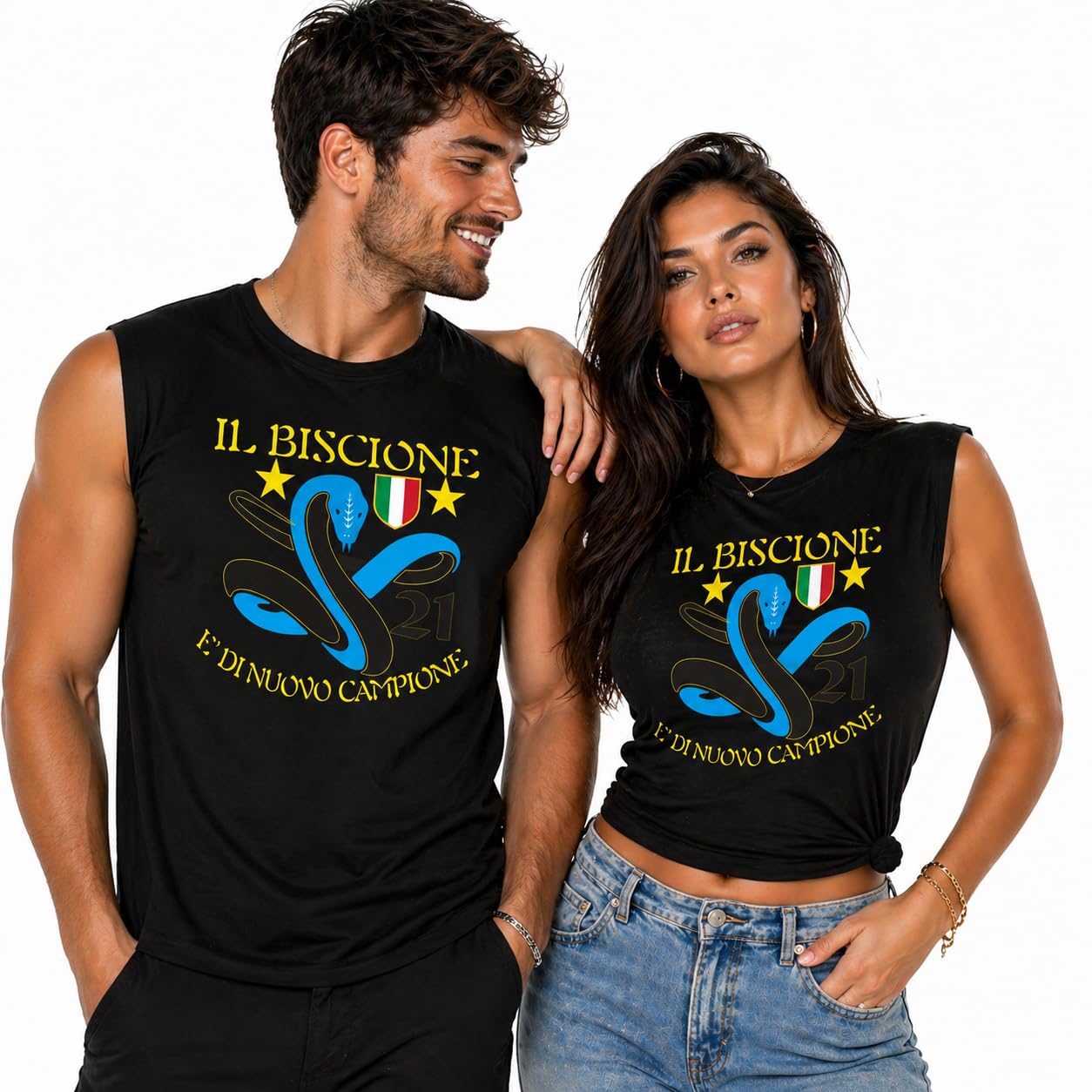 T-Shirt Smanicata Internazionale Campione d'Italia Seconda Stella 21 Scudetti Il Biscione e' di Nuovo Campione | Canotta Cotone Scudetto Neroazzurro PS 29999-INT02