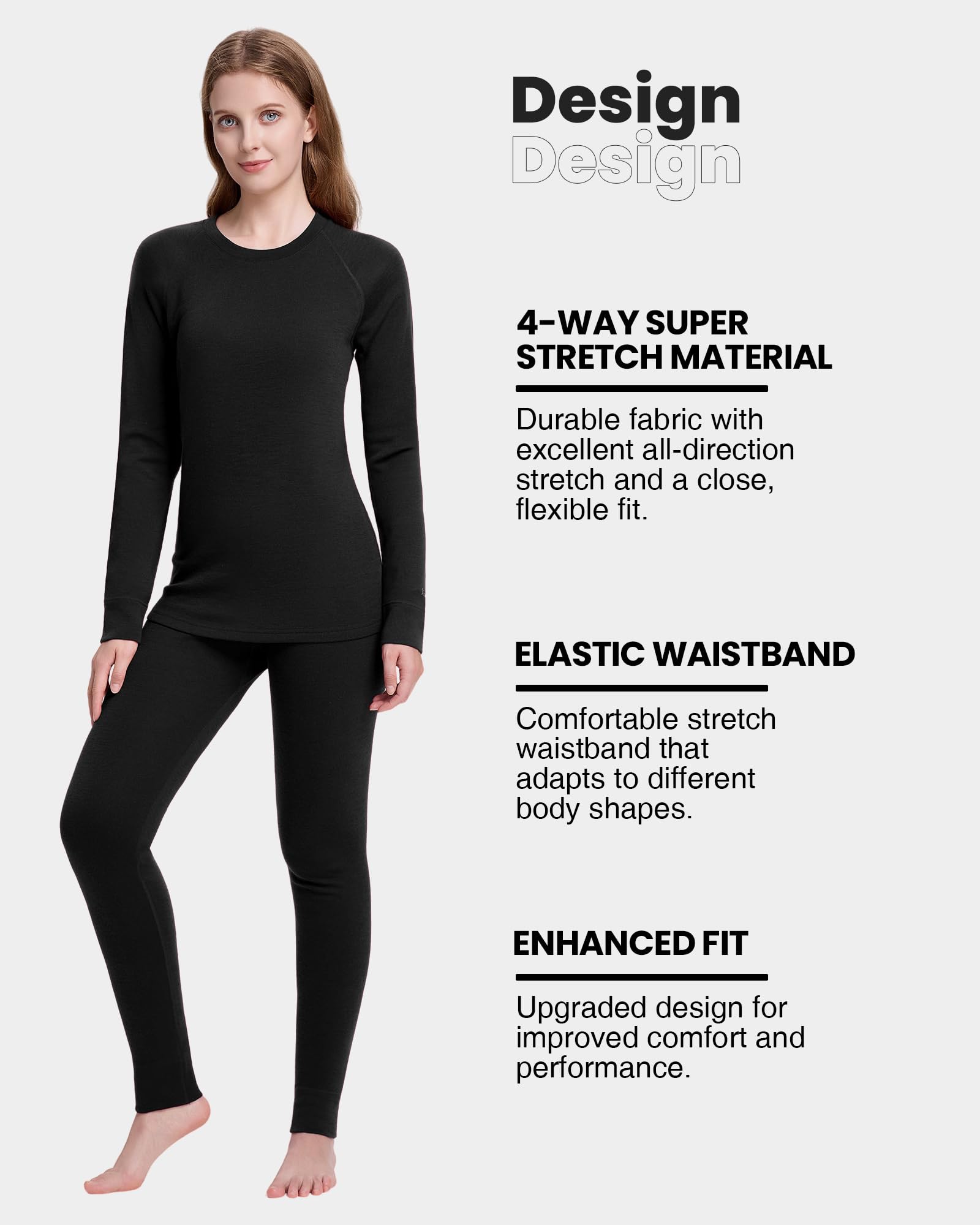 Set da donna 100% lana merino strato base leggero attivo per sci