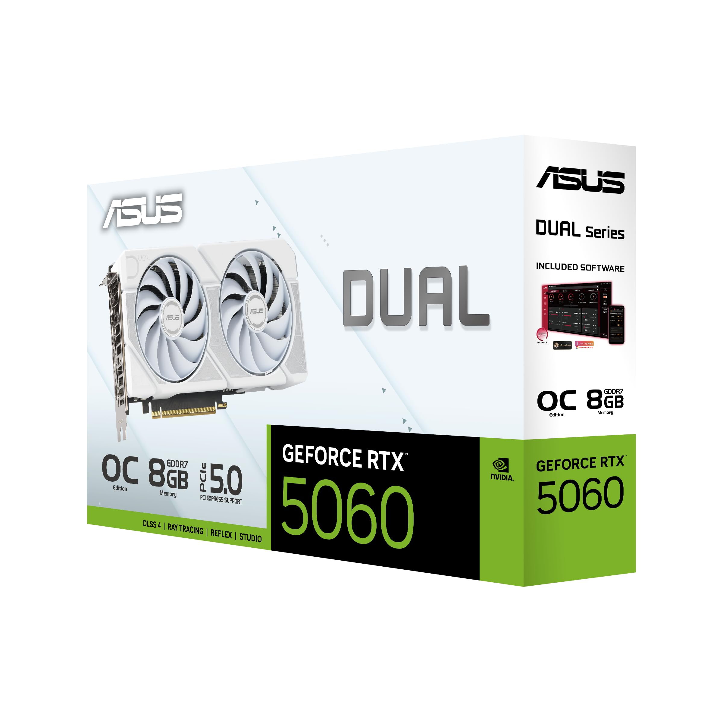 ASUS Dual GeForce RTX 5060 8GB GDDR7 White Edition (PCIe 5.0, 8GB GDDR7, DLSS 4, HDMI 2.1b, DisplayPort 2.1b, 2.5 Ranuras, diseño de Ventilador de tecnología axial, tecnología 0dB, BIOS Dual y más)