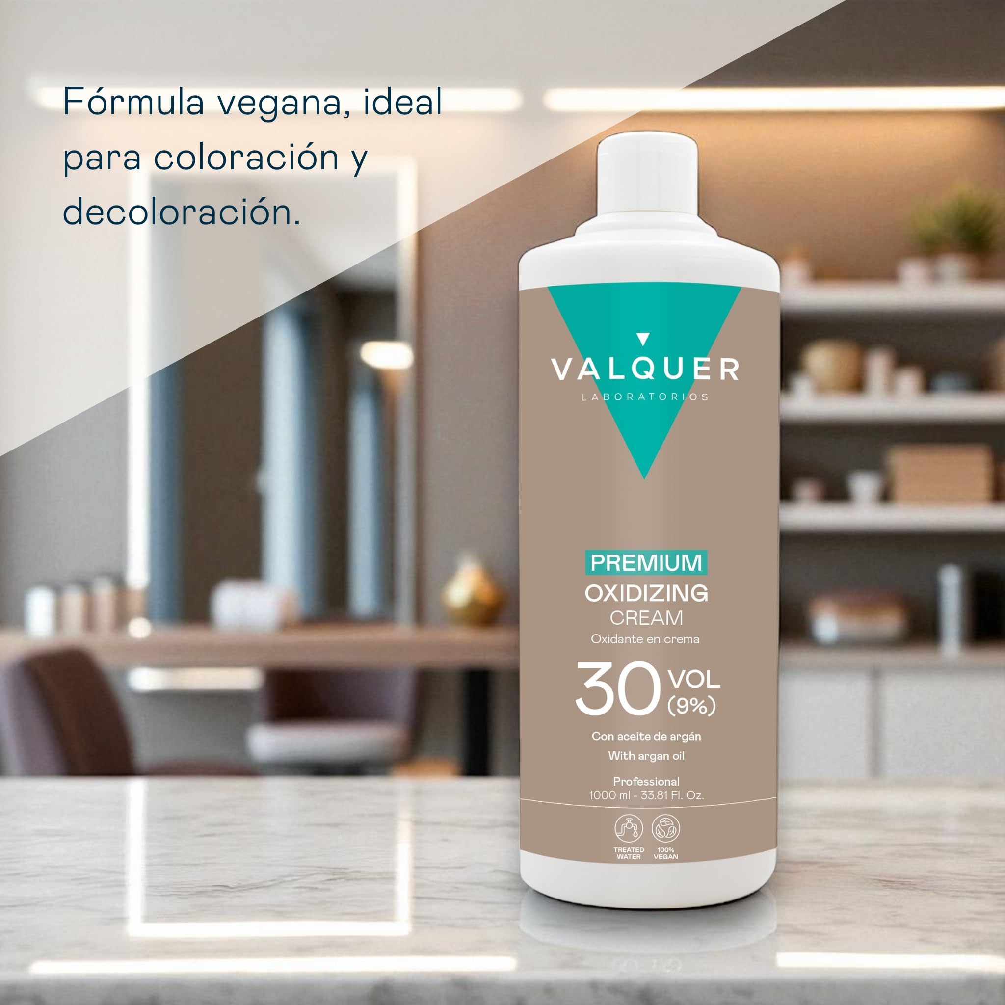 VALQUER Eau Oxygénée 30 Volumes 9% Crème Premium Ultra-Crémeux Oxydant Capillaire Professionnel Vegan à l'huile d'argan pour Coloration et Décoloration Cheveux - Réduction des odeurs - 1L