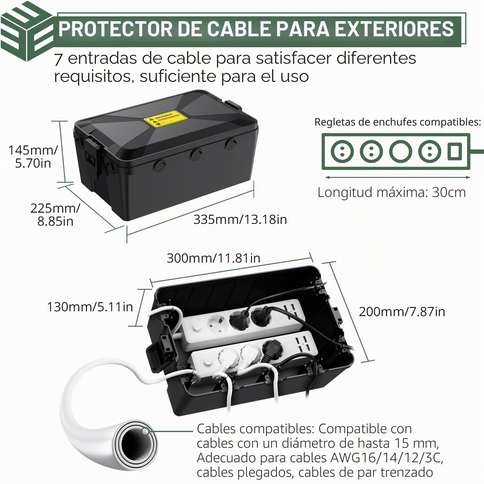 EYPINS Caja Estanca Exterior Eléctrica IP54,Caja Organizador de Cables,Resistente a Impactos y al Agua, Montaje en Pared(30x20x13cm),para Exteriores Festividades y Jardines