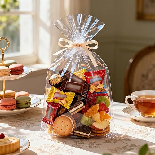 Miniatura 7 de Bolsas de celofán, 5.9 x 11.8 pulgadas, 200 bolsas de celofán con lazos para amarrarlas, para poner postres, pastelería, dulces, galletas,