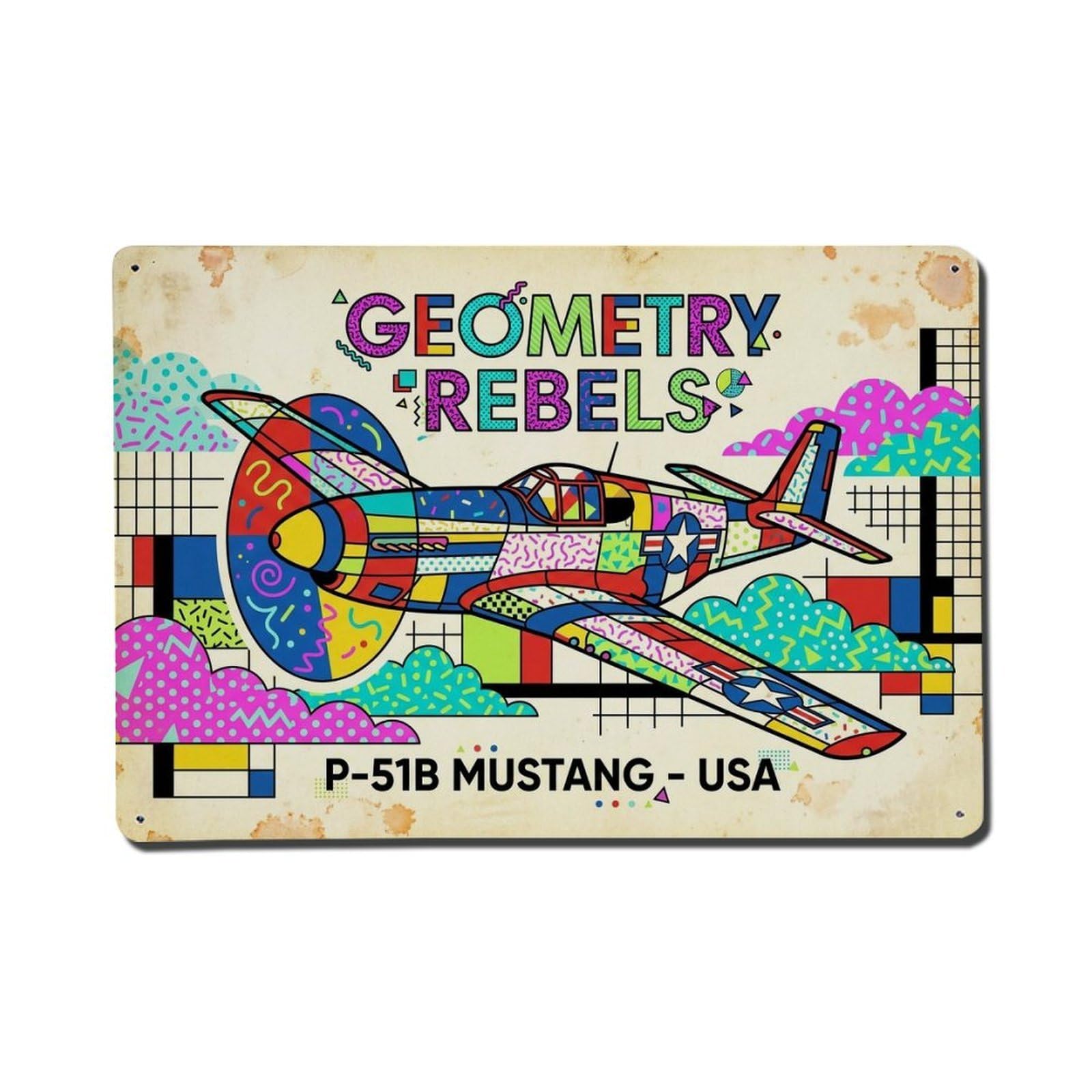 P-51B Mustang Memphis Geometry Fighter Aircraft Metal Tin Sign Plaque Wall Decor for Cafe, Man Cave, Club Bar, Office, Home Garden Round Metal Poster 8x12Inch