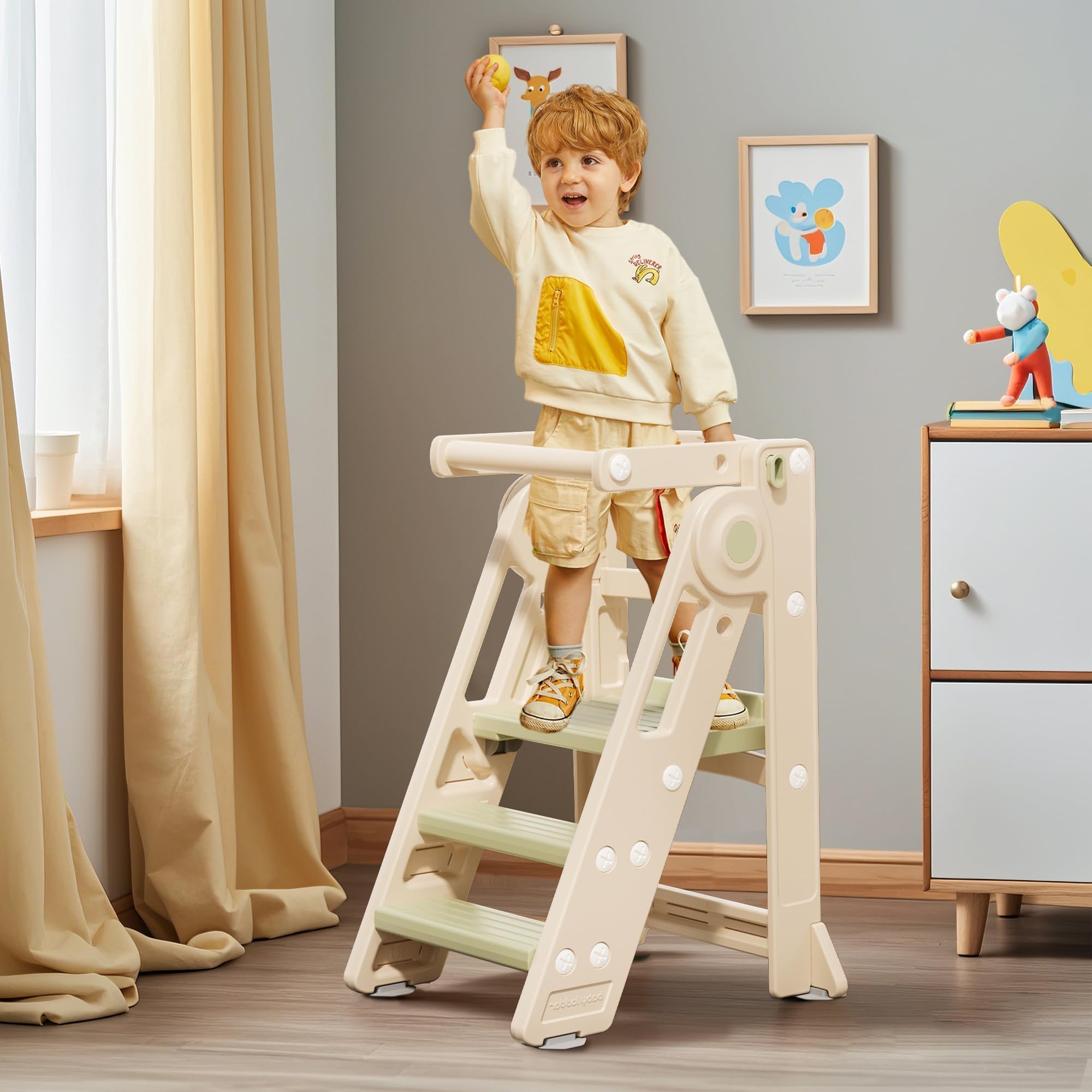 Klappbarer Lernturm für Kinder, Höhenverstellbarer Montessori Tritthocker für Küche, Bad und Kinderzimmer, Multifunktional ab 1 Jahr (Classic, Grün)