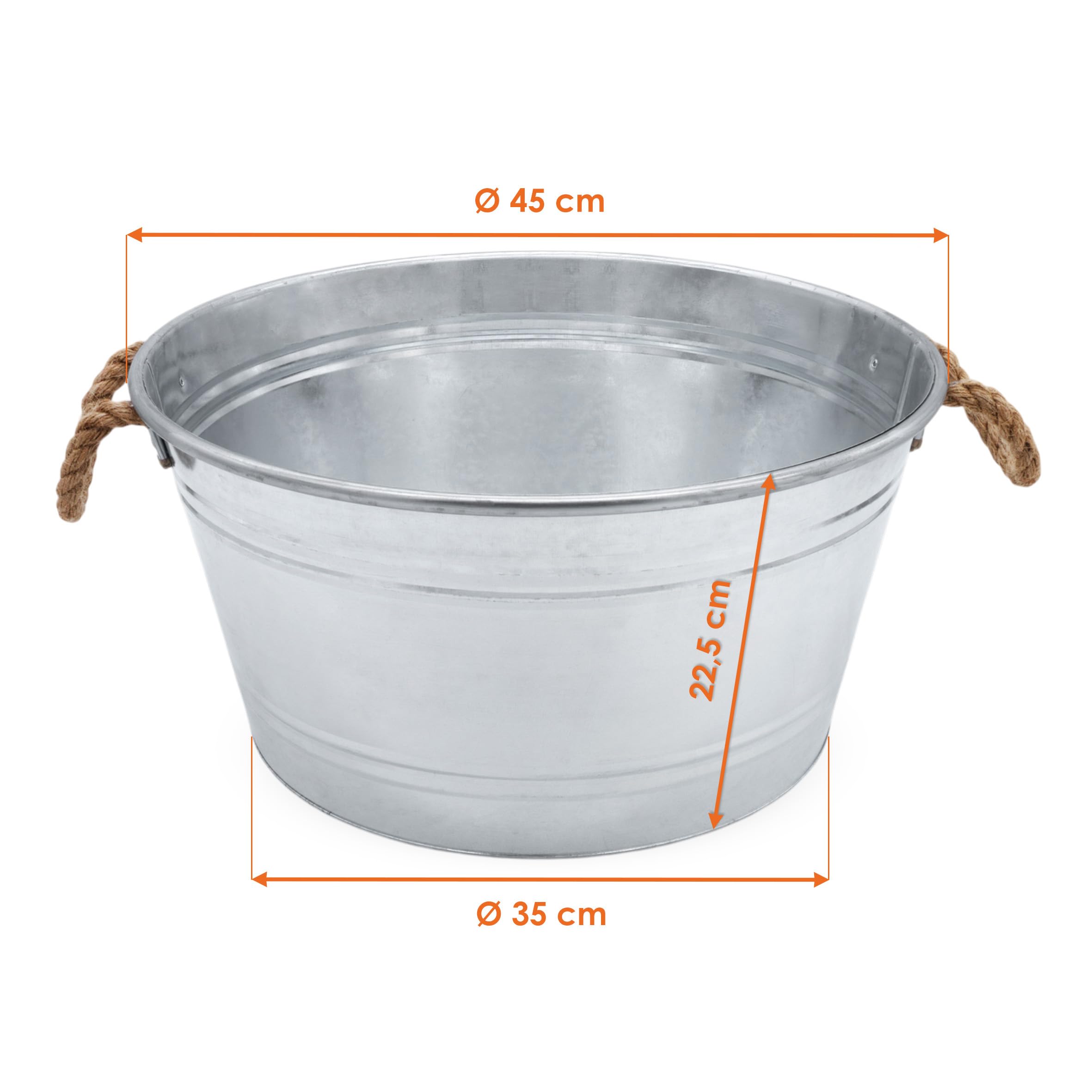 Spetebo Bandeja de zinc para estanque ornamental, 25 L, con asas de cuerda de yute, 45 x 22 cm, cuenco redondo plateado galvanizado para jardín, mini estanque de jardín, macetero, macetero, decoración