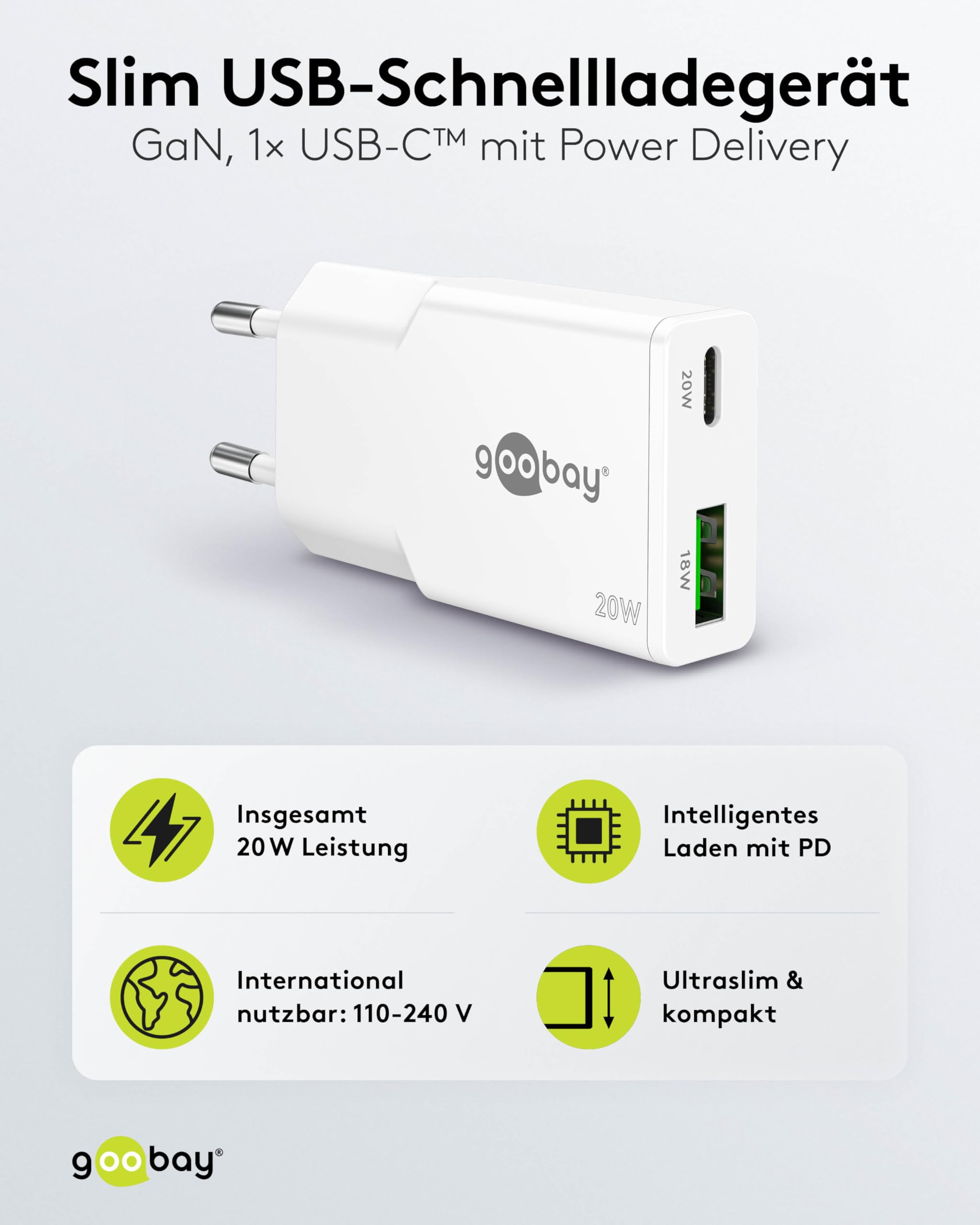 goobay Caricatore rapido USB-C PD GaN Slim 20 W (bianco), Power Delivery, connettore USB-A Quick Charge, alimentatore di rete per smartphone e tablet – 75730