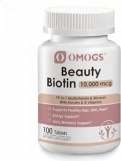 OMOGS Biotin 10000mcg + Multivitamin & Mineral with Keratin & B Vitamins, Supplement for Hair Growth Support, Skin & Nails - 100 Tablets