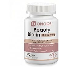 OMOGS Biotin 10000mcg + Multivitamin & Mineral with Keratin & B Vitamins, Supplement for Hair Growth Support, Skin & Nails - 100 Tablets