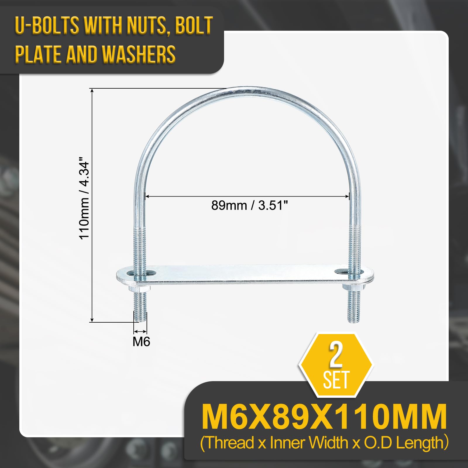 DTGN M6x89x110mm U Bolts Round Kit, 2Set, Carbon Steel U-Bolt Kit with Nuts, Washers, Frame Plate, Good for Pipe Trailer - Image 2