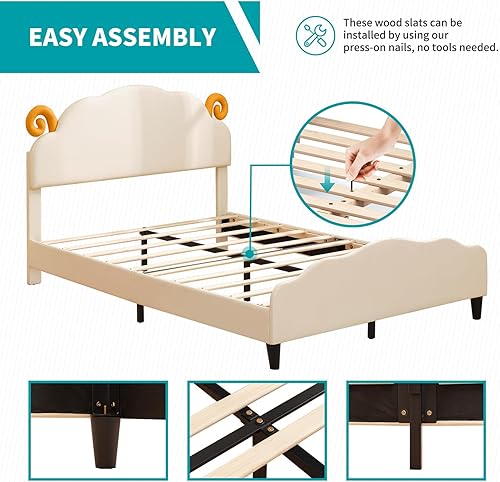 Miniatura 5 de BALUS Base de cama matrimonial para niños, cabecera tapizada para cama infantil y forma linda, adorables marcos de cama para niños y niñas, no
