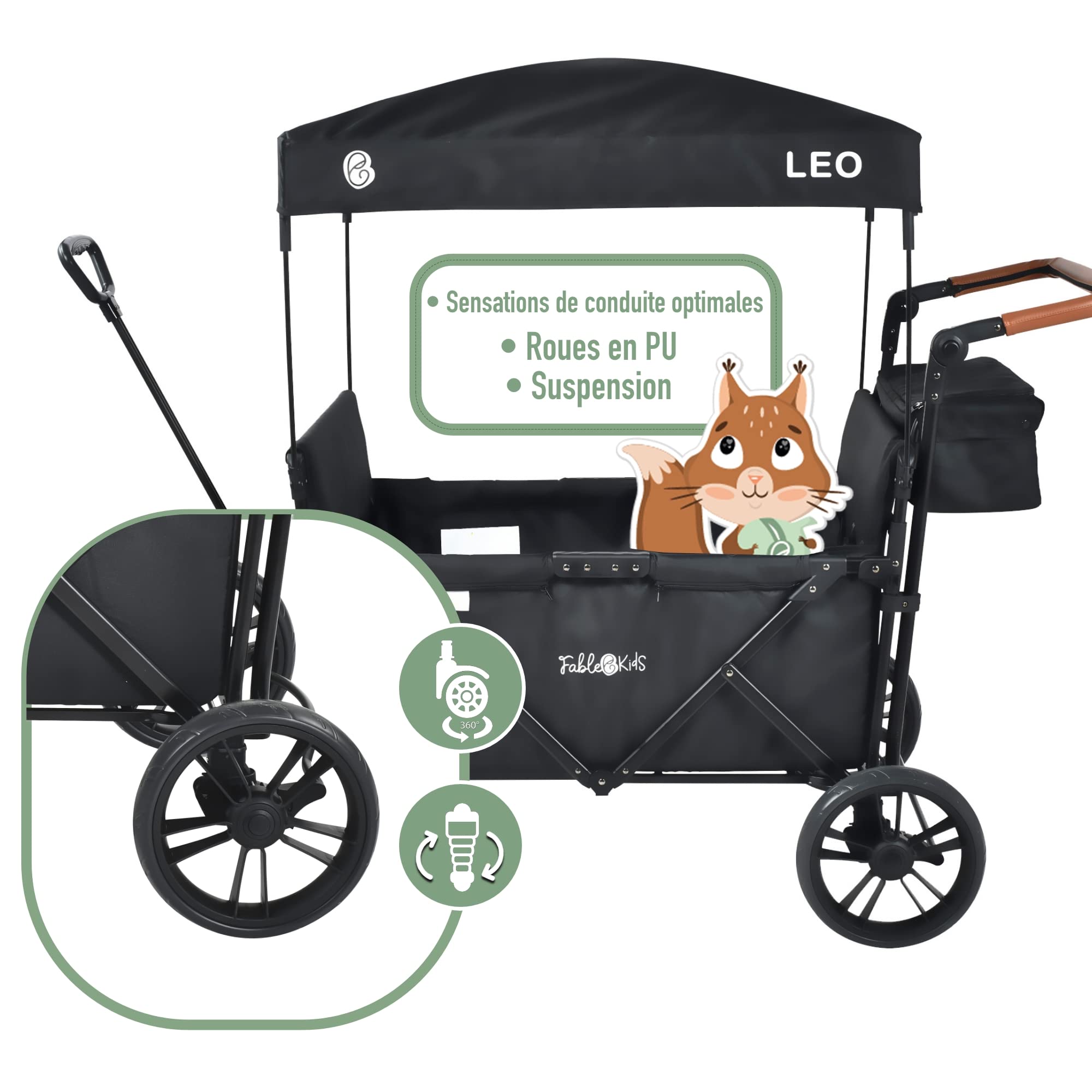 FableKids Chariot à roulettes Leo X4Lite avec Toit | Chariot de Transport Pliable | supporte jusqu'à 20 kg par siège | Harnais 5 Points | Roues 360° | Frein à Pied | Noir Onyx