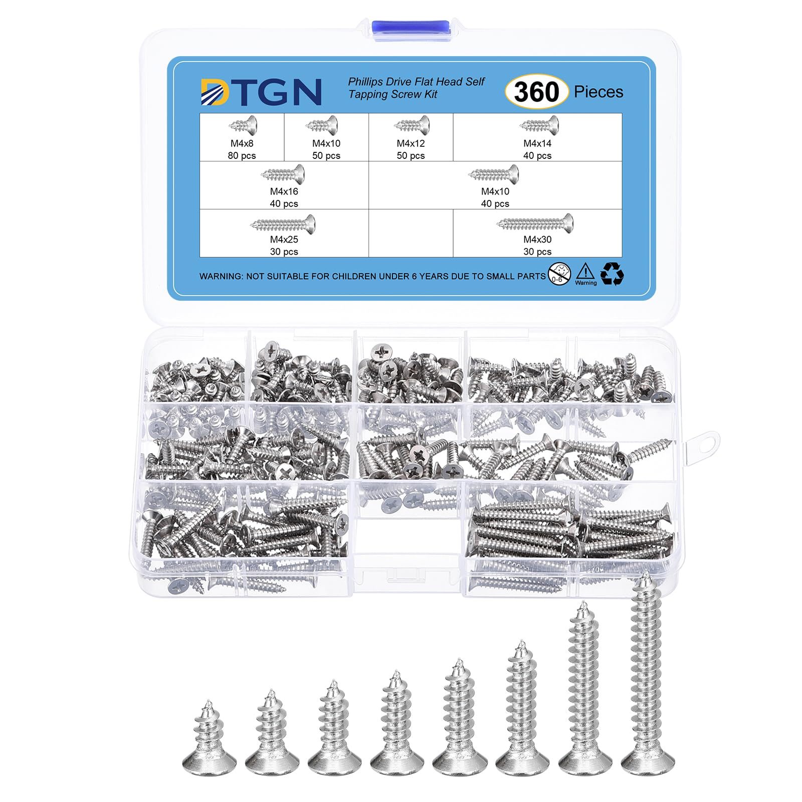 DTGN 360Pcs Wood Screws Assortment Kit, 8 Sizes 304 Stainless Steel M4x(8-30mm) Phillips Flat Head Self Tapping Screws