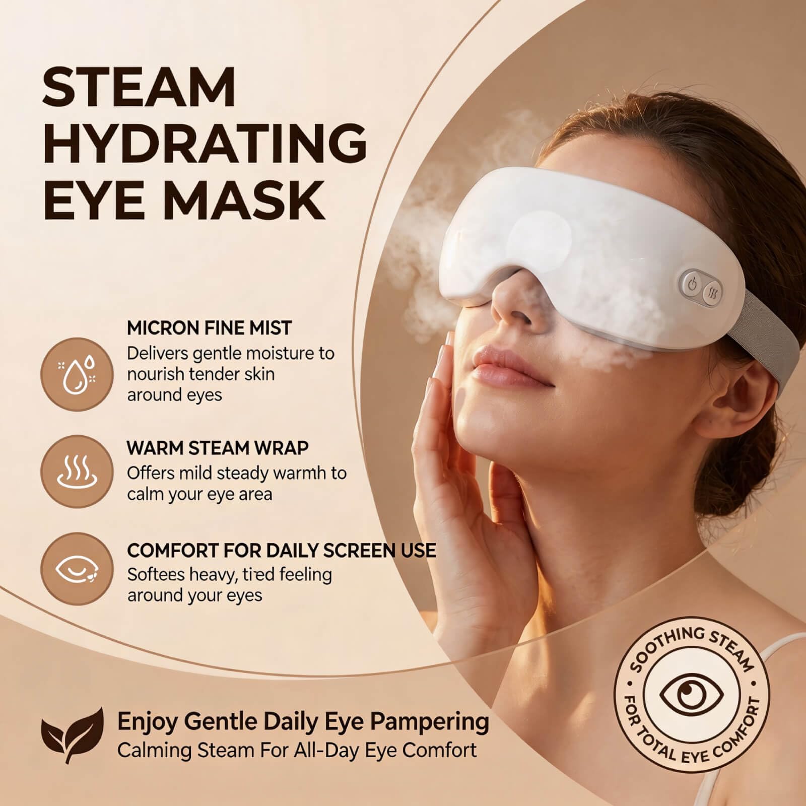 Massaggiatore Occhi a Vapore, Maschera Occhi Riscaldante con Micro-Nebbia, 2 Temperature 40°C 42°C, Design 3D 360° Contorno Occhi, Timer 10 Min, USB Ricaricabile, per Casa Ufficio Viaggio