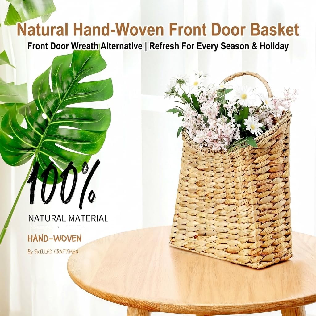 Front Door Basket - Rustic Farmhouse Hanging Door Basket, 13x8.5 Inch Water Hyacinth Hanging Woven Basket with Seagrass Mouth for Plants, Mail & Flowers Storage, Entryway Home Decor