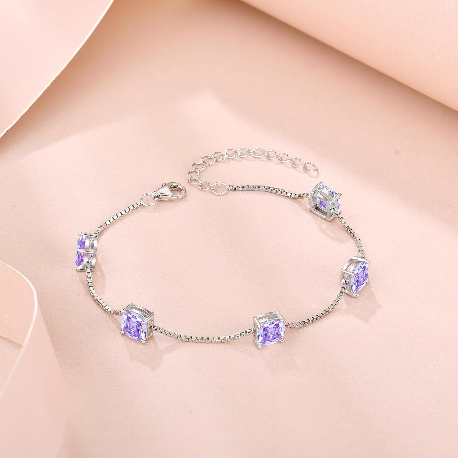 Birthstone Bracelet for Women 925 Sterling Silver Dainty Princess Cut Link Bracelet Jewelry Gifts for Her - Image 4