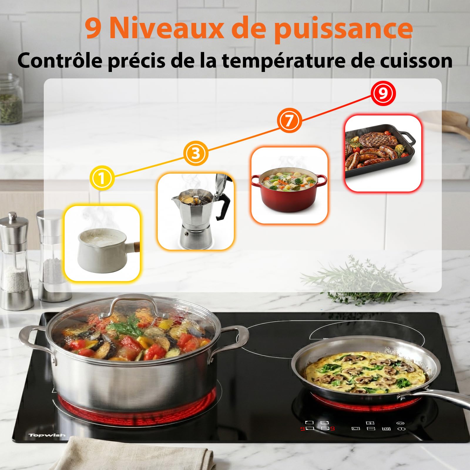 Topwish Plaque vitrocéramique 4 feux, plaque de cuisson vitrocéramique encastrable, plaque de cuisson electrique, tables de cuisson 60cm avec double zone extensible, verrou de sécurité, 6600W