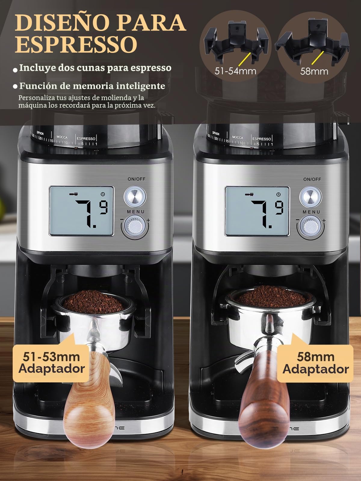 Homtone Molinillo de Café Eléctrico con Muela Cónica - Molino de Café con 51 Niveles de Molienda, Soporte Extraíble, Recipiente Incluido – Para Espresso, Café de Filtro, Cold Brew (Acciaio Inox)