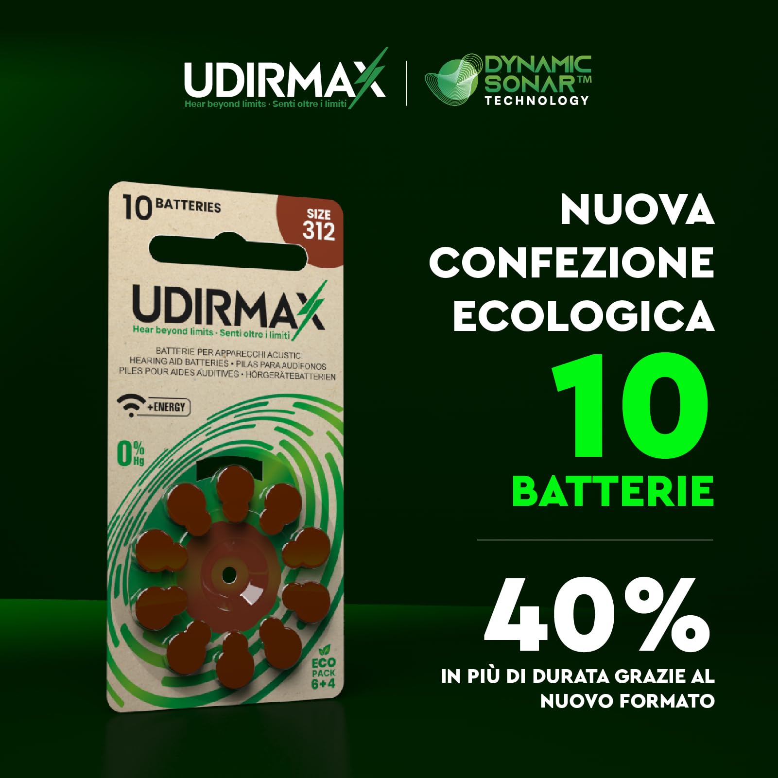 100 Batterie per Apparecchi Acustici Misura 312 Udirmax Pile PR41 Marroni Eco Pack Qualità Audio Costante Dynamic Sonar Zinco-Aria - 10 Blister Ecologici da 10 Pile