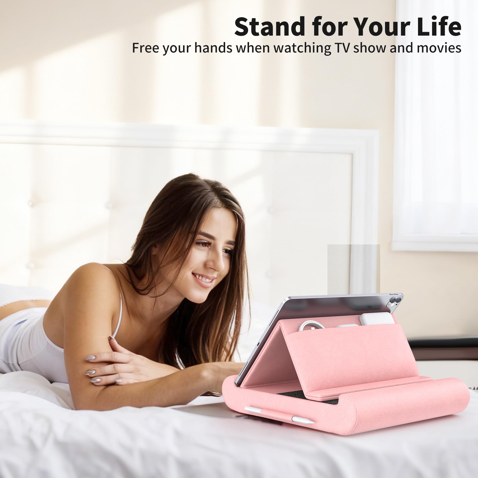 CreaDream Supporto per tablet, supporto pieghevole per tablet, da letto e scrivania, morbido cuscino con tasca e supporto per pennino, per tablet da 4-13 pollici, come iPad Pro 11, 13, Air, Mini