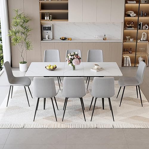 Miniatura 20 de FURNITO Juego de Mesa de Comedor de 7 Piezas, Mesa de Comedor Extensible de 59"-75" con 6 Sillas Tapizadas, Juego Blanco de Mesa y Sillas de Cocina