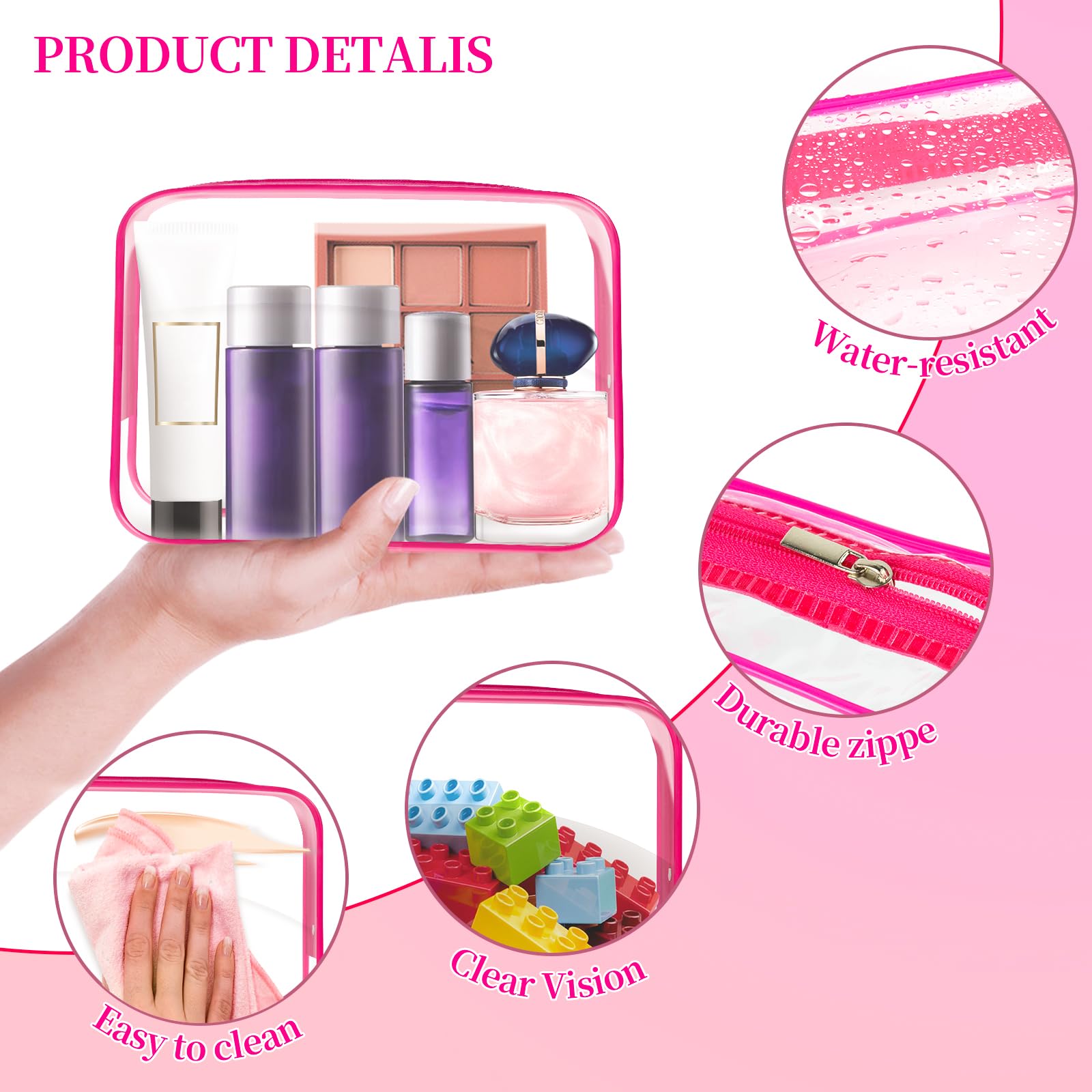 TISRATOK 24 bolsas de aseo transparentes para mujeres y hombres, bolsa de cosméticos transparente para viajes, organizador de maquillaje, bolsa aprobada por la TSA, Rojo rosa, M