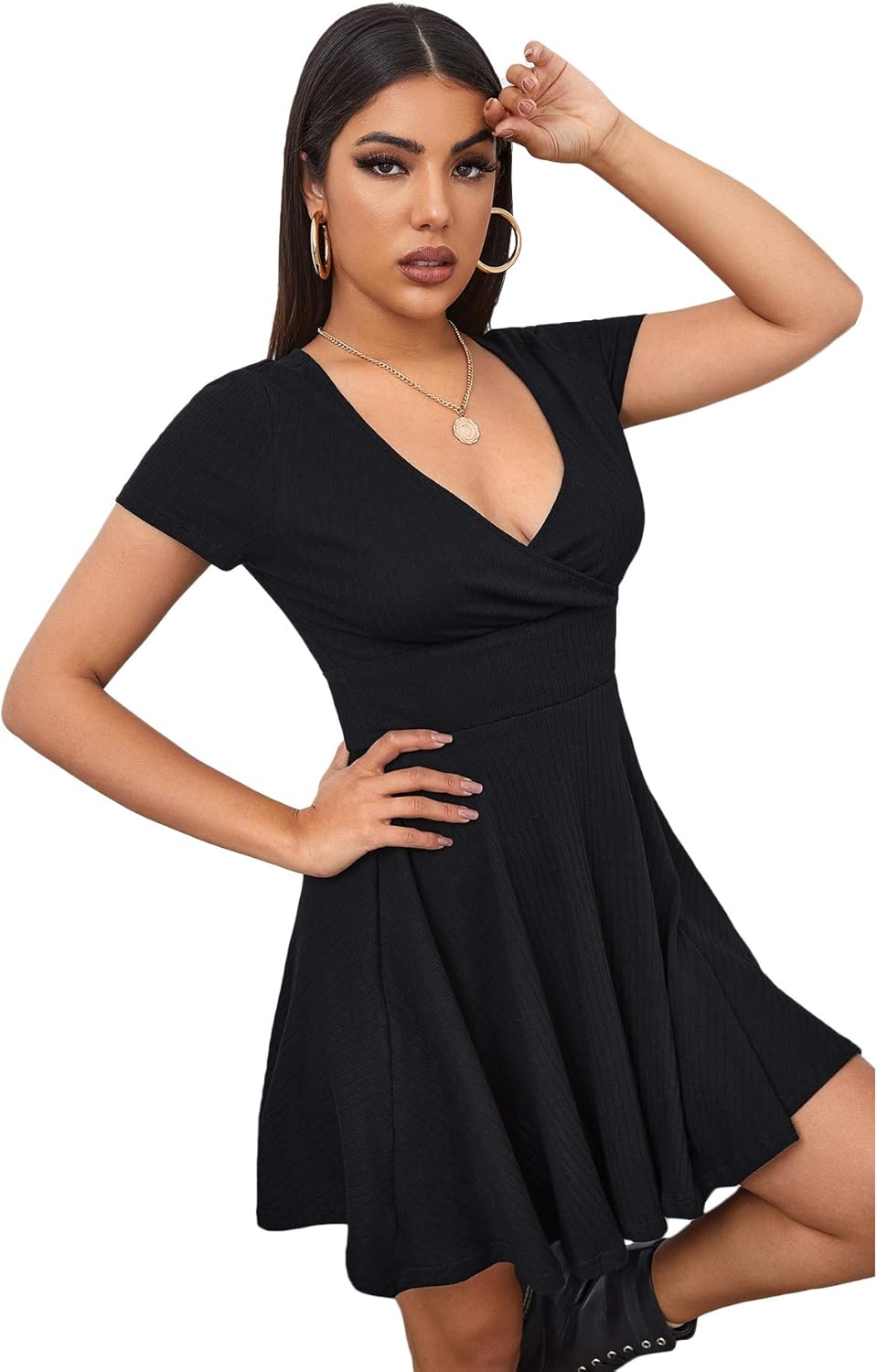 Verdusa Women's A Line Wedding Guest Dresses V Neck Short Sleeve Fit and Flare Dress - Image 3