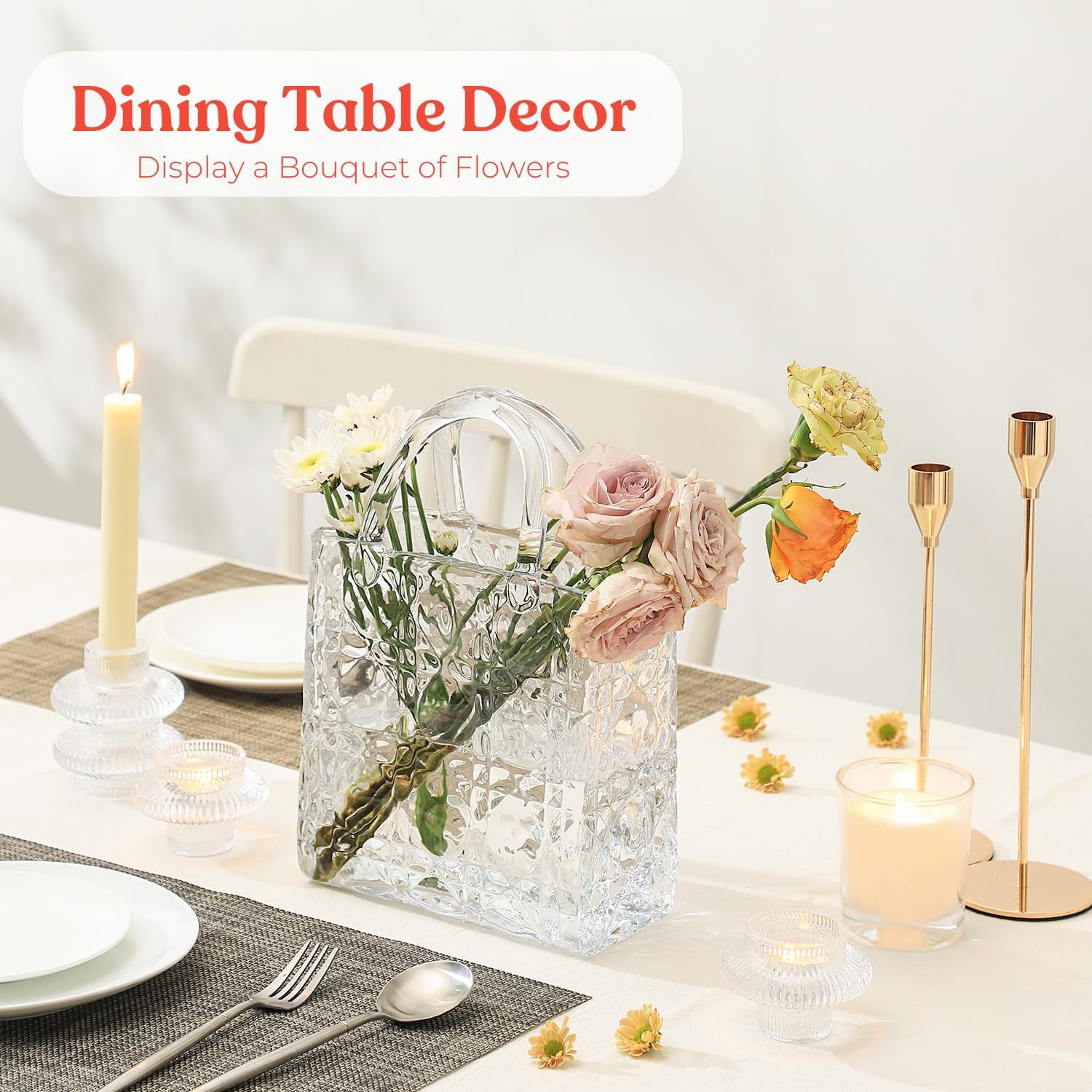 Purse Vase, Glass Bag Vase, Glass Purse Vase for Flowers, Clear Vases, 12 Inch Large Flower Vase with Embossed Pattern for Wedding, Living Room, Bedroom, Table, Office(Tote)