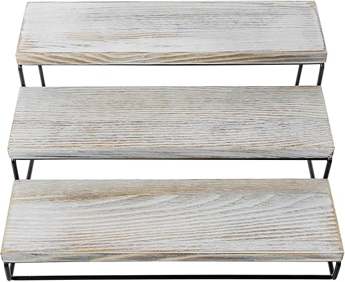 Miniatura 6 de MyGift Soporte para cupcakes de 3 niveles, de madera maciza lavada en blanco desgastado y alambre de metal negro mate en cascada para escalera,